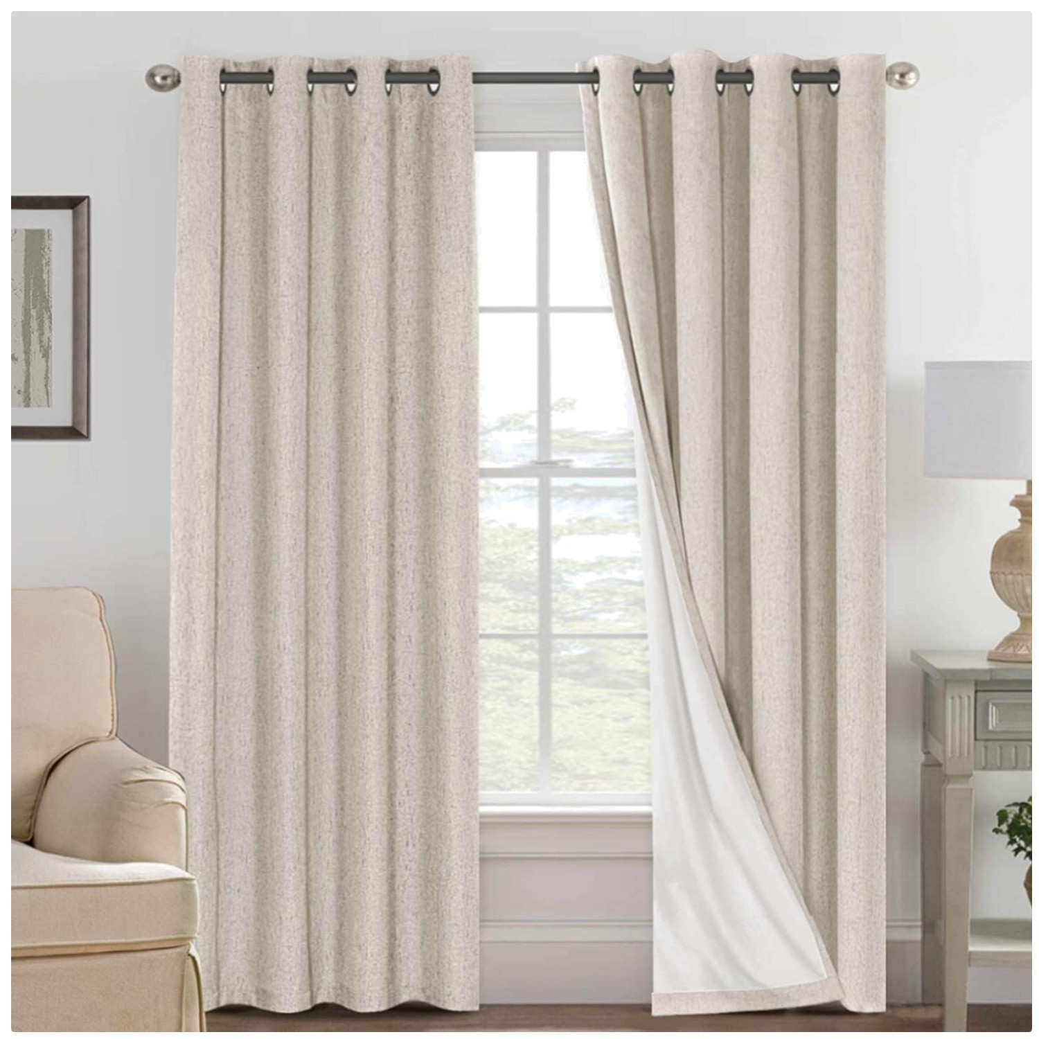 Textured Linen Blackout Curtains 52×84 White Liner 2 Panels