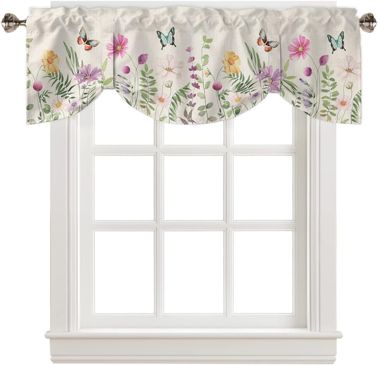 YOKOU Tie Up Curtain Valance, Flower Leaves Spring Watercolor Floral Vintage Bot