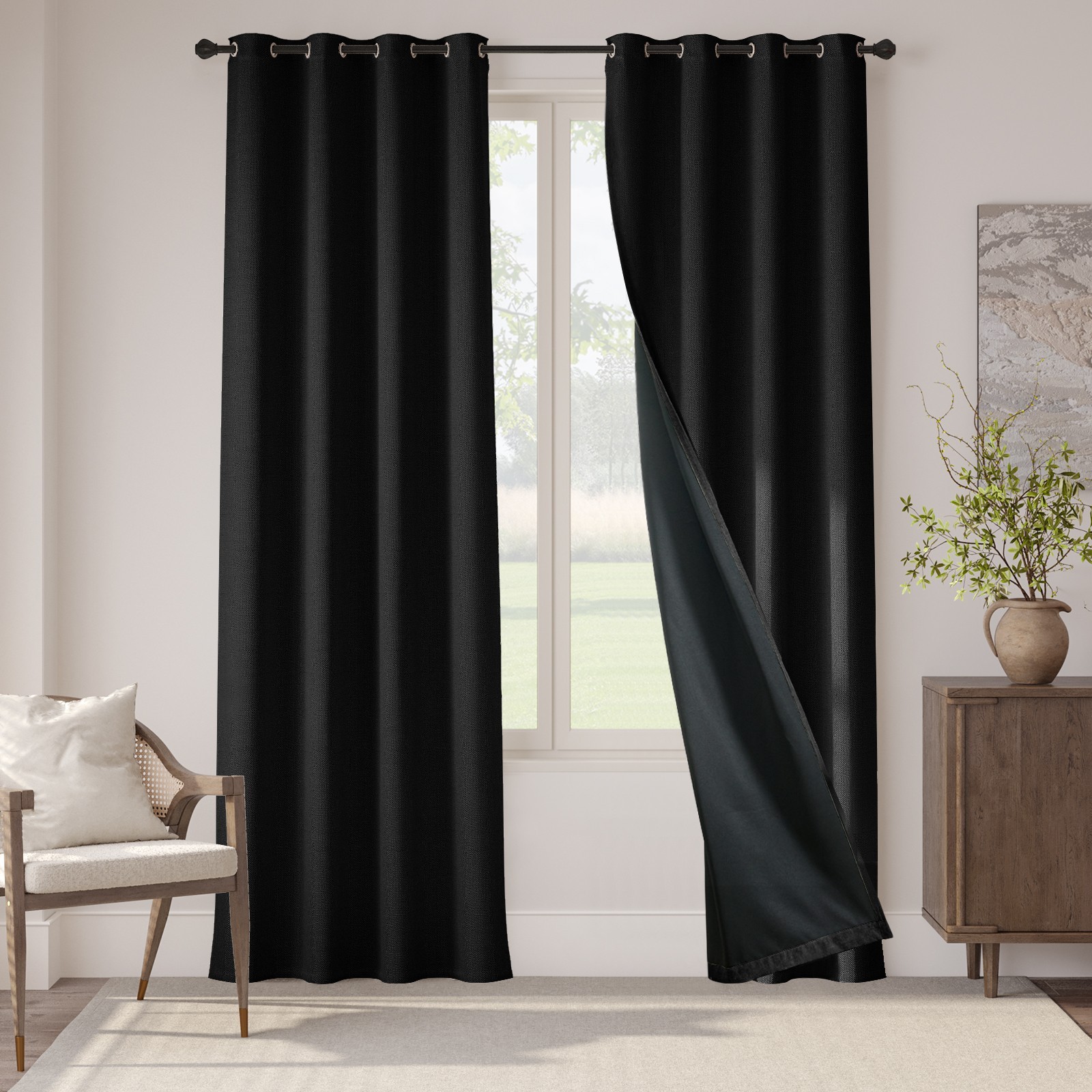 84» Faux Linen Texture Blackout Curtain Living Room Thermal Insulated Grommet