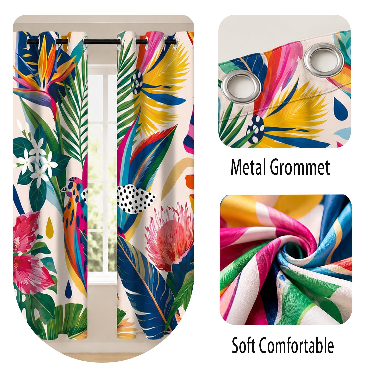 Colorful Tropical Blackout Curtains, Jungle Leaf Boho Abstract Aesthetic Art …