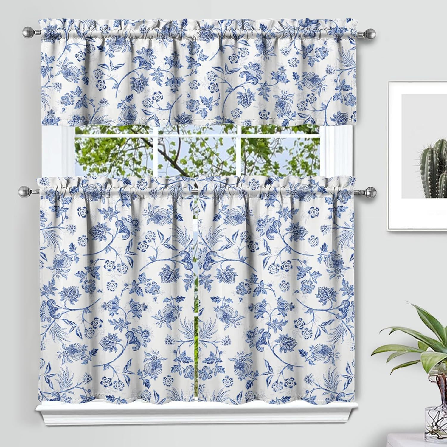 Blue Floral Kitchen Curtain Valance 3 Piece Set, French Farmhouse Decor for Home
