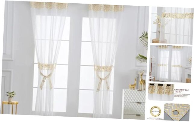 Gold and White Sheer Curtains 54″W x 84″L (Pack of 2) (Grommet) Gold Pattern