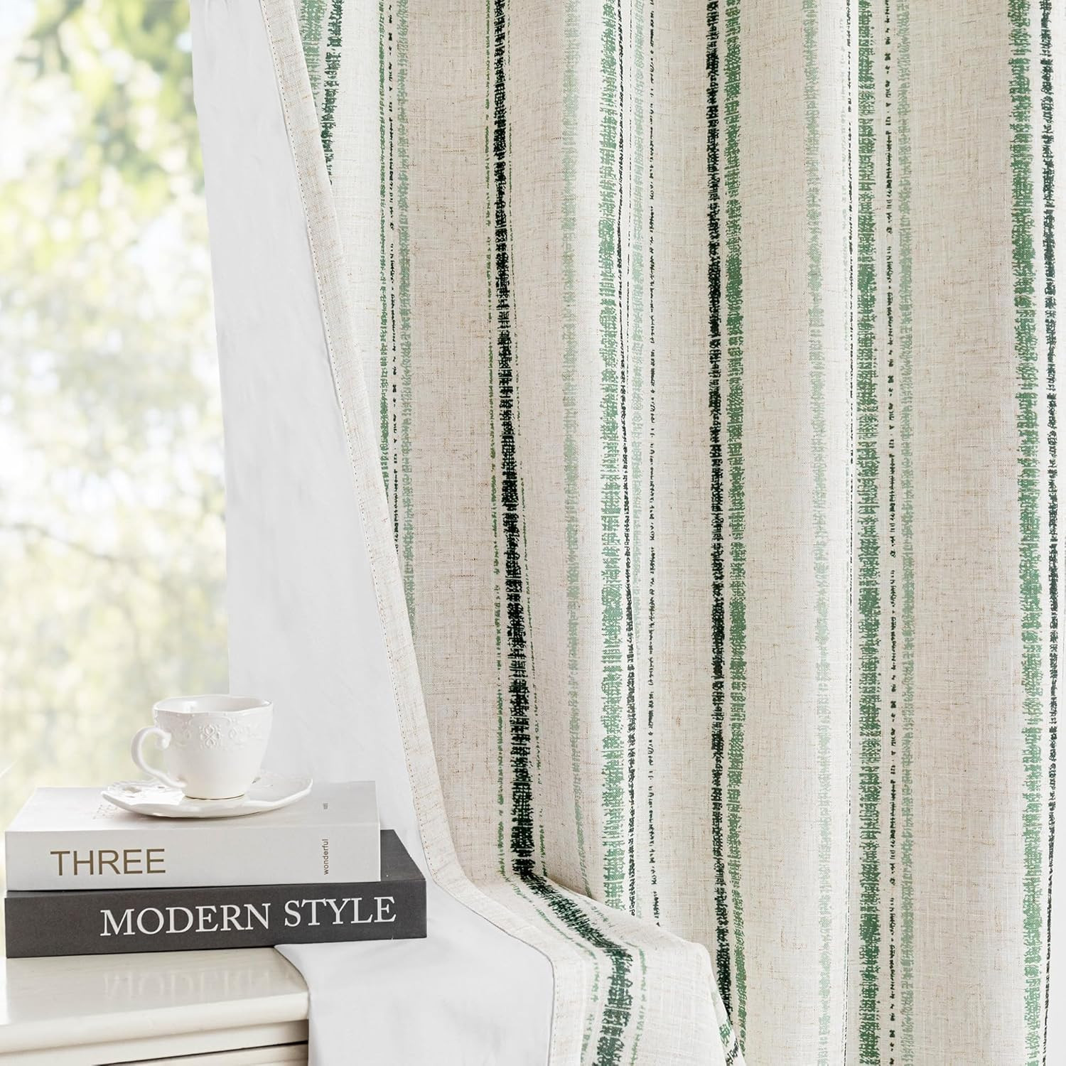 MYSKY HOME Green Striped Curtains 63 Inches Long for Bedroom 100% Blackout Ticki
