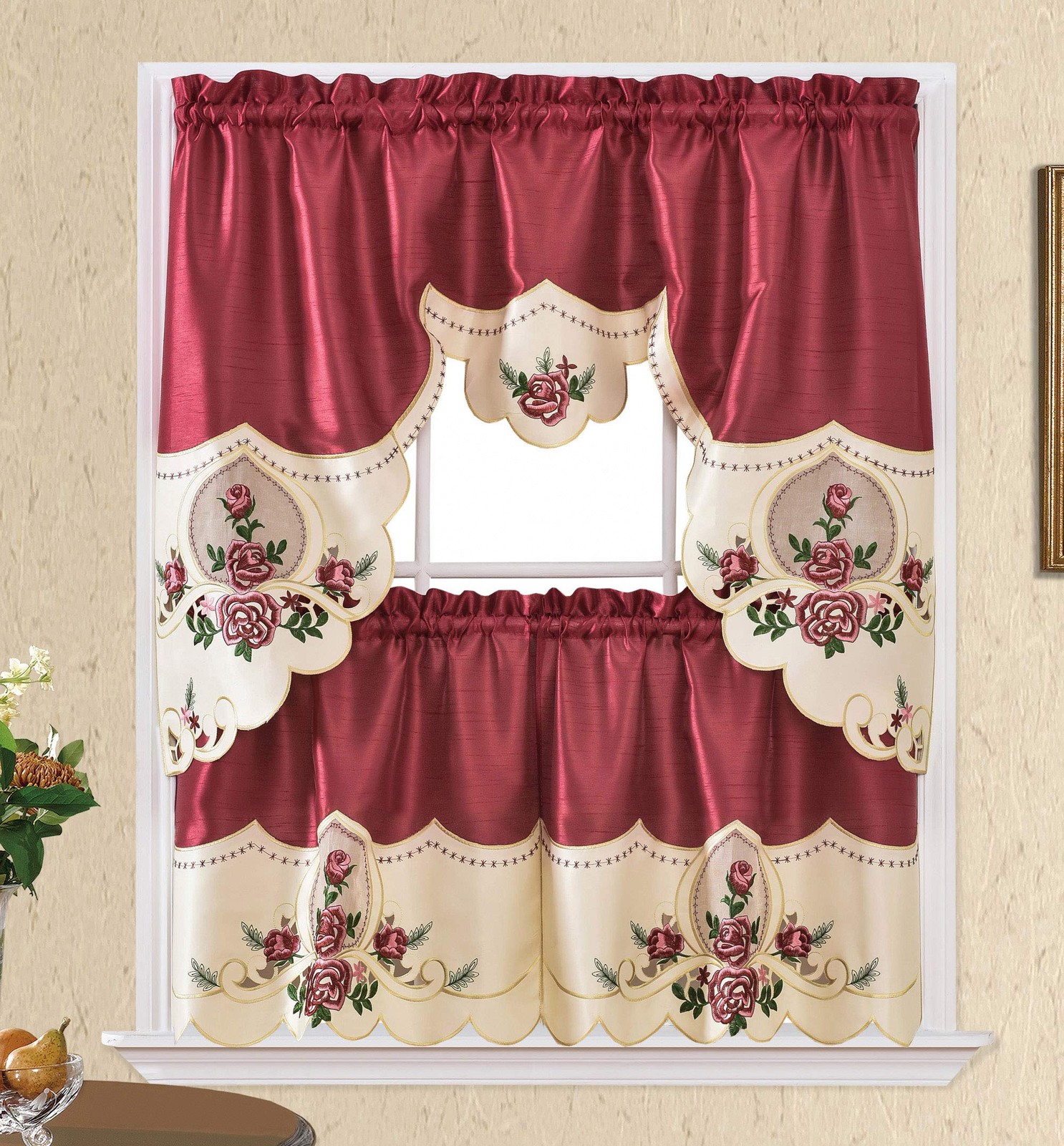 GOHD Rose Melody. 3pcs Kitchen Cafe Curtain Set.Farmhouse Swag and 24 inches …