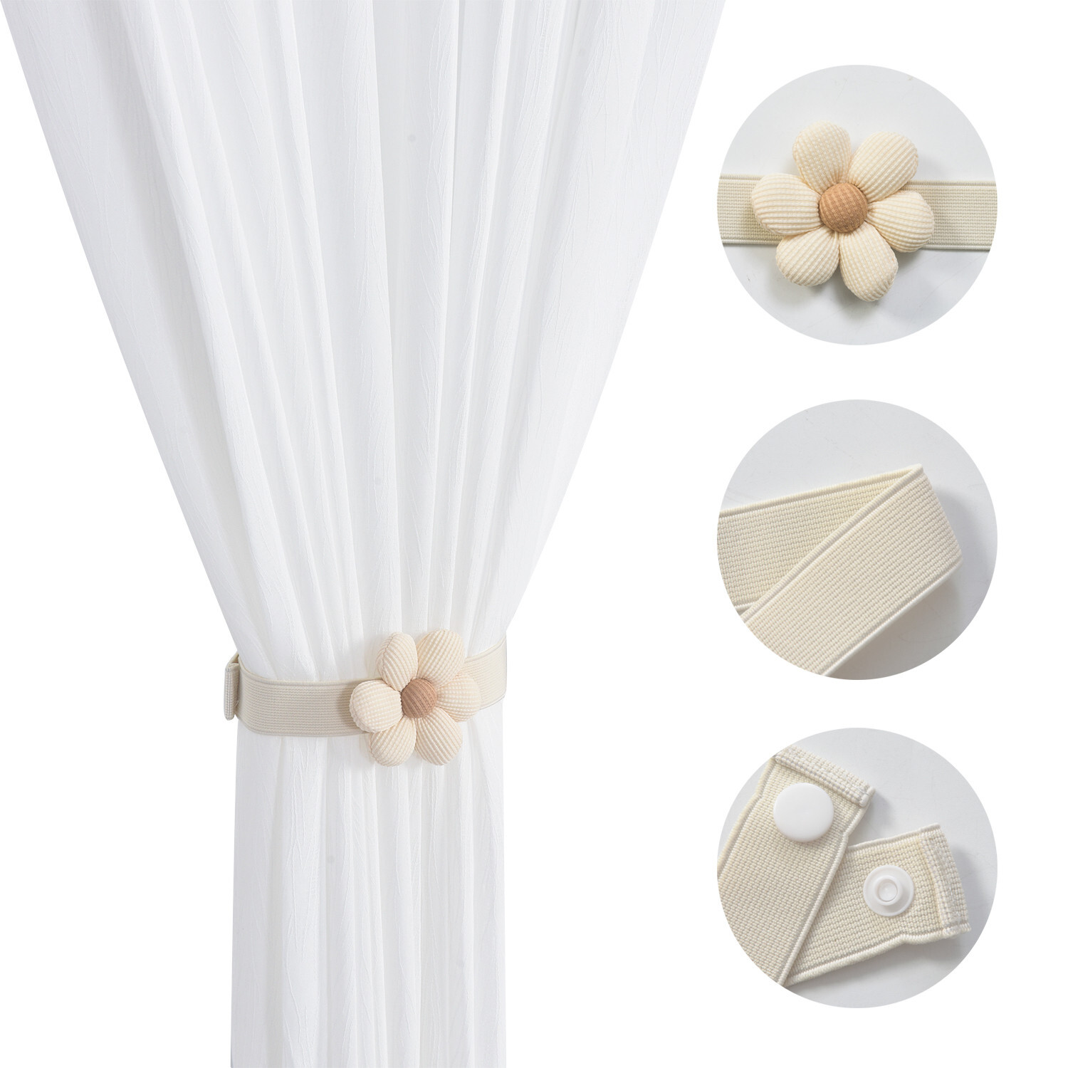 Set of 2 Elegant Floral Daisy Curtain Tiebacks with Adjustable Elastic Bands