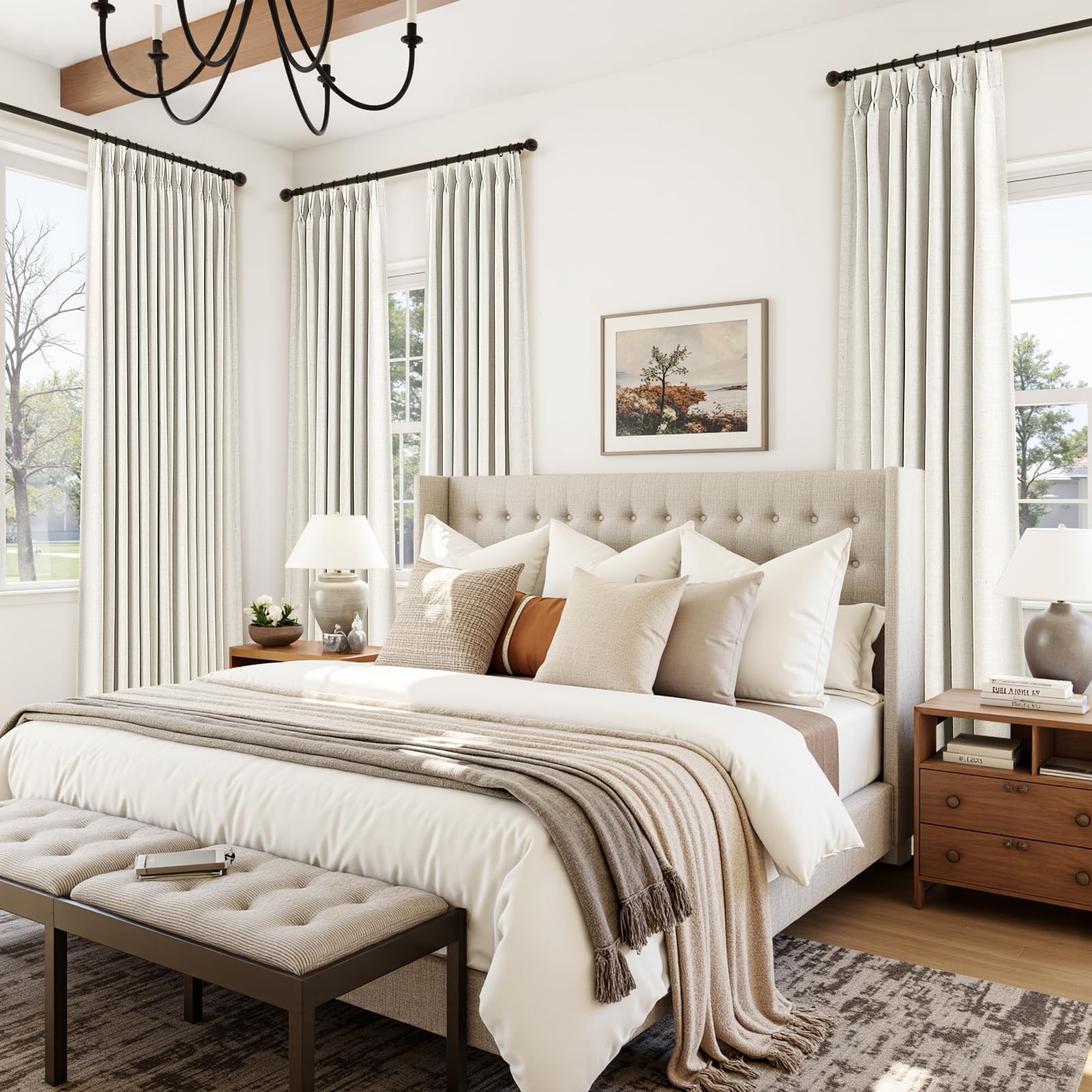 100% Blackout Linen Pinch Pleated Curtains 84 Inches Long 2 Panels for Bedroo…