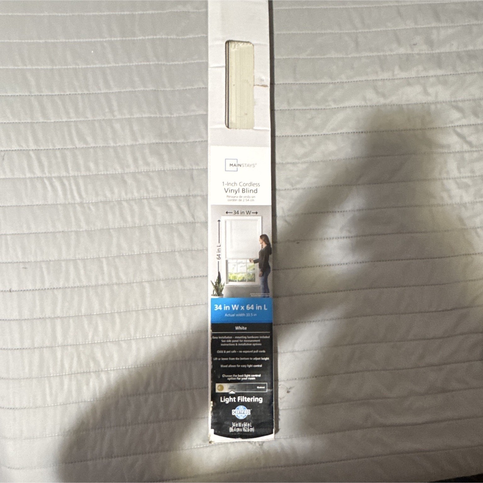 Mainstays 1-Inch Cordless Vinyl Blind, White, 34 in W x 64 in L, Light Filtering
