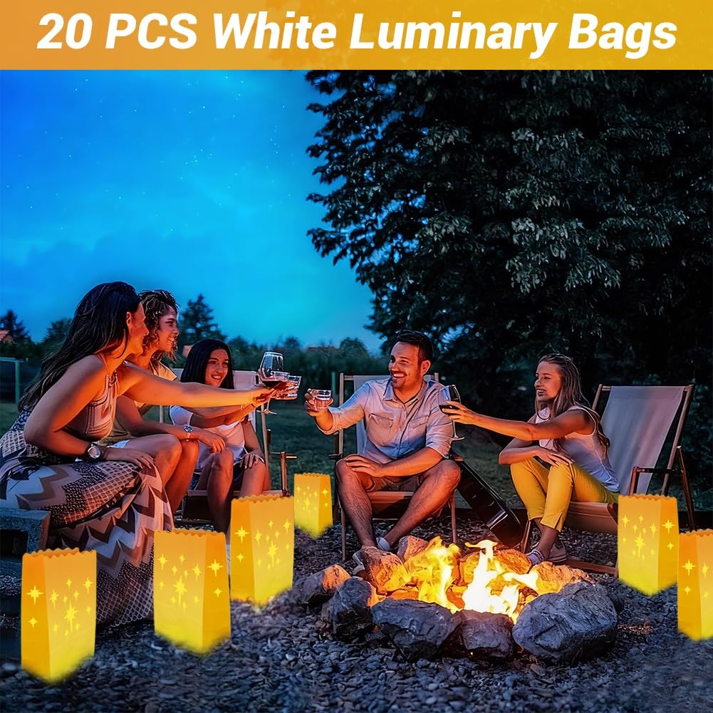 20 PCS White Flame Resistant Paper Candle Lantern Bags Stars Design Luminaries