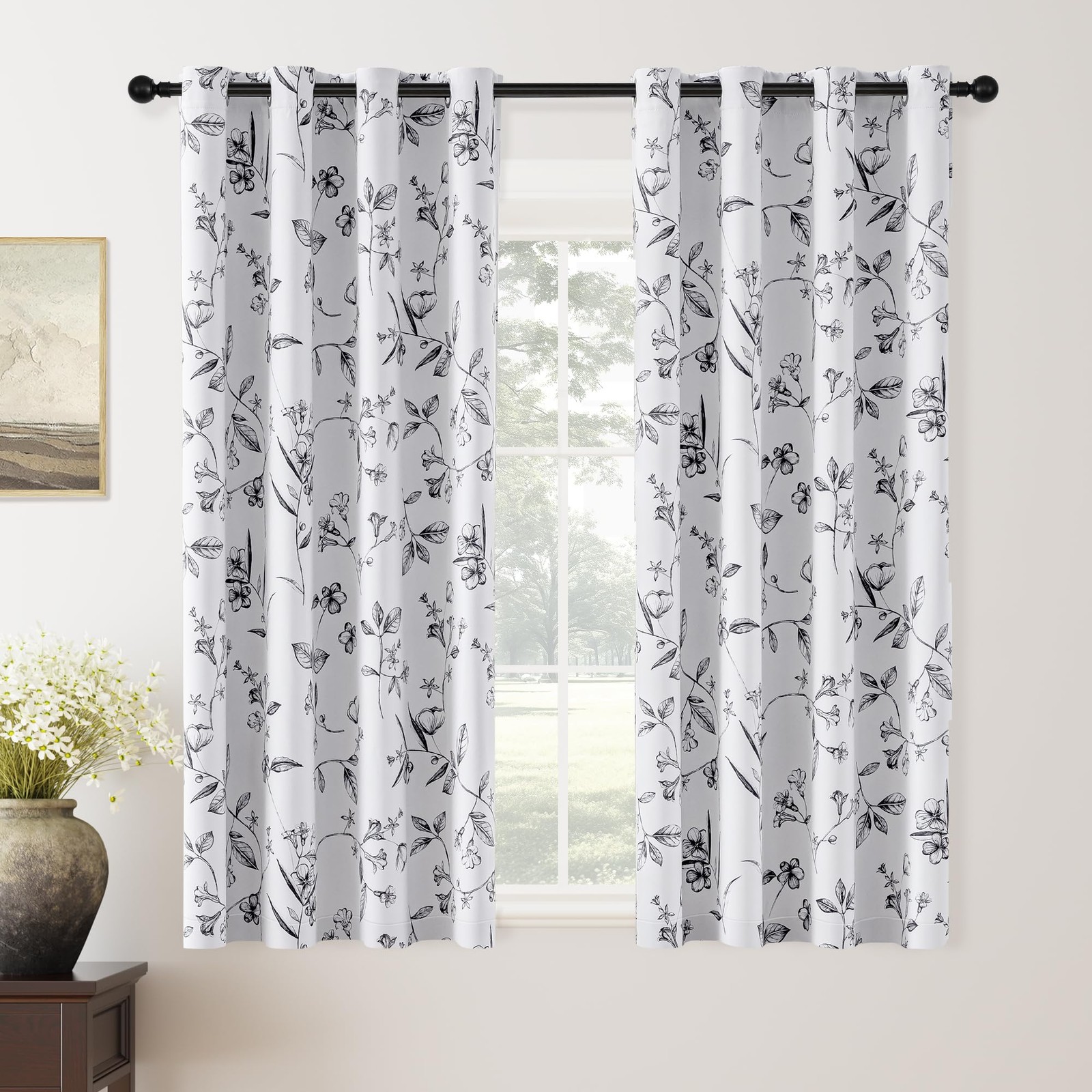 ChrisDowa 100% Blackout Floral Curtains 63 Inches Long 2 Panels for Bedroom