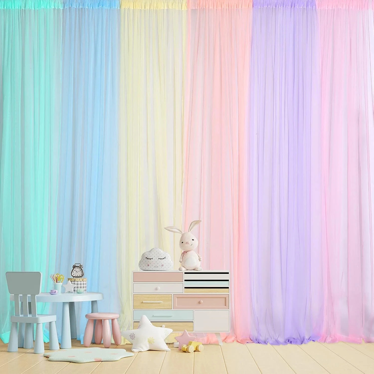 Pastel Rainbow Backdrop Curtains Sheer Curtain Tulle Panels for Kid Unicorn Baby