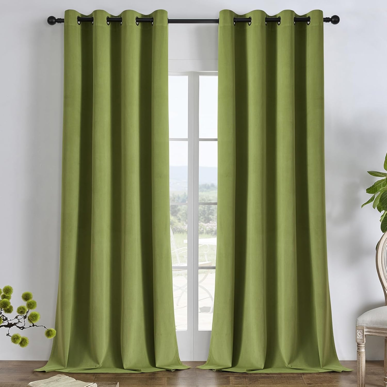 Moss Green Velvet Blackout Curtains 108″ Long, 2 Panels, Thermal Insulated