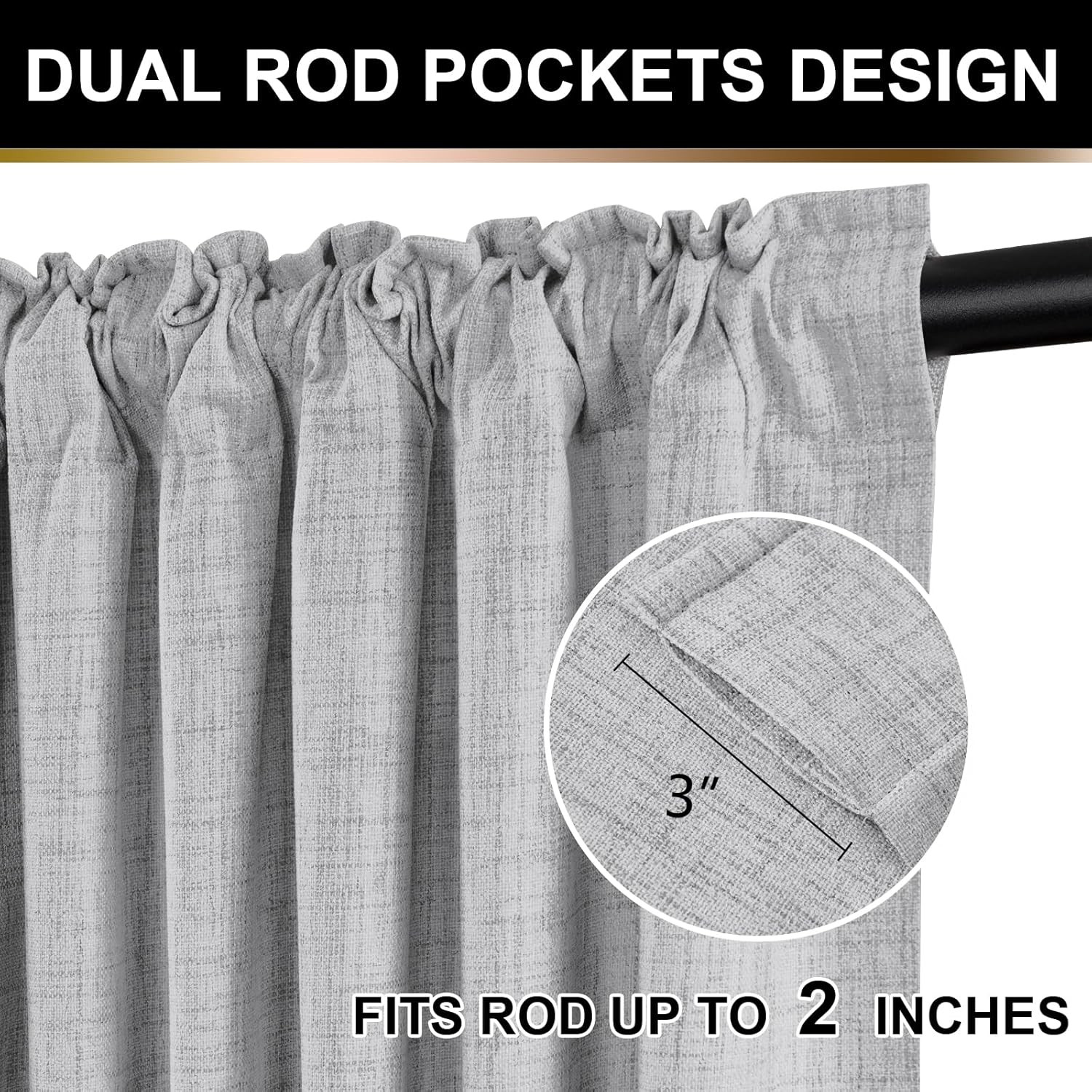 108″ Full Blackout Curtains Set, Thermal Insulated Faux Linen, Grey 2 Panels