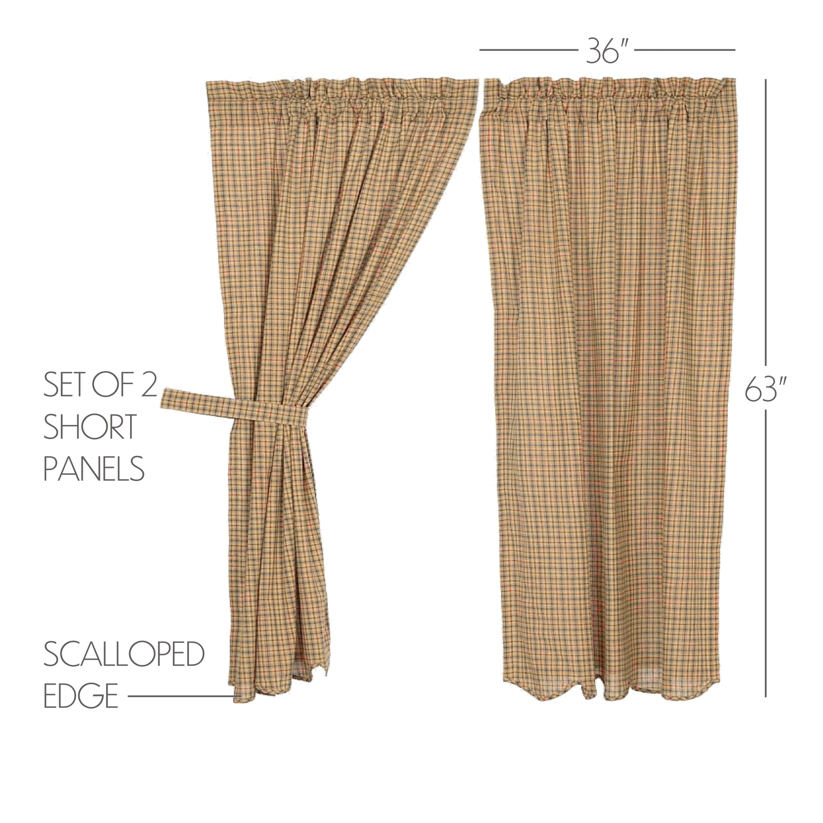 63″L Lodge-Style Lined Curtains Red Navy Tan Plaid Cotton w/ Tie Backs Millsboro