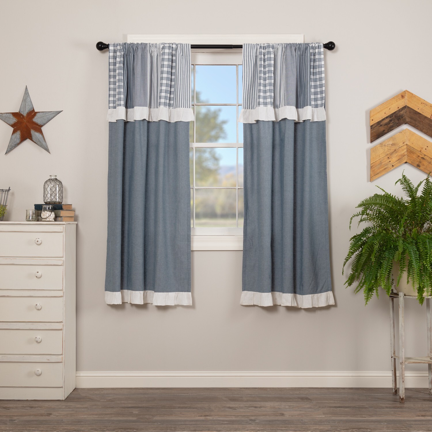 Sawyer Mill Blue Chambray Solid Short Panel W/ Attached Patchwork Valance