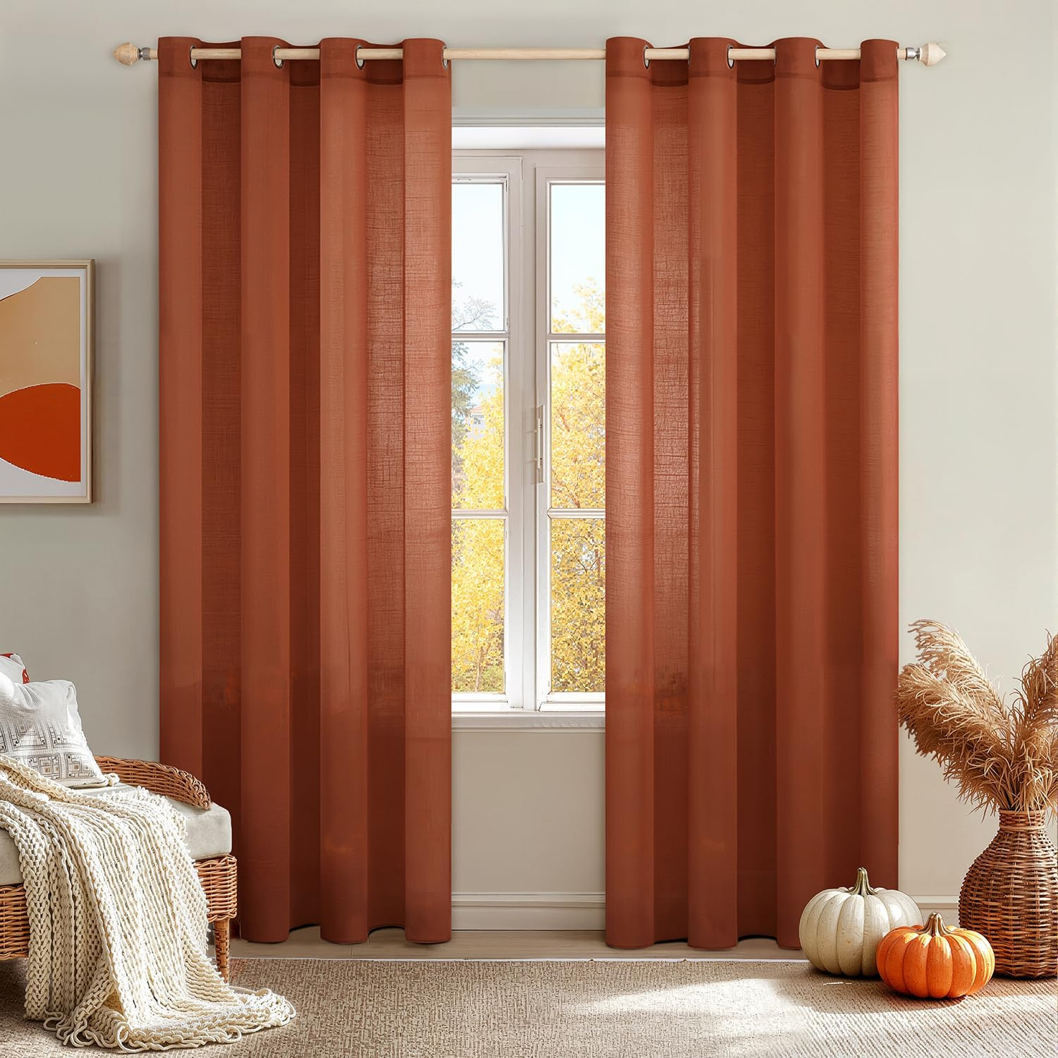 Burnt Orange 2 Panels 84 Inch Long Farmhouse Linen Sheer Window Curtains Elegant