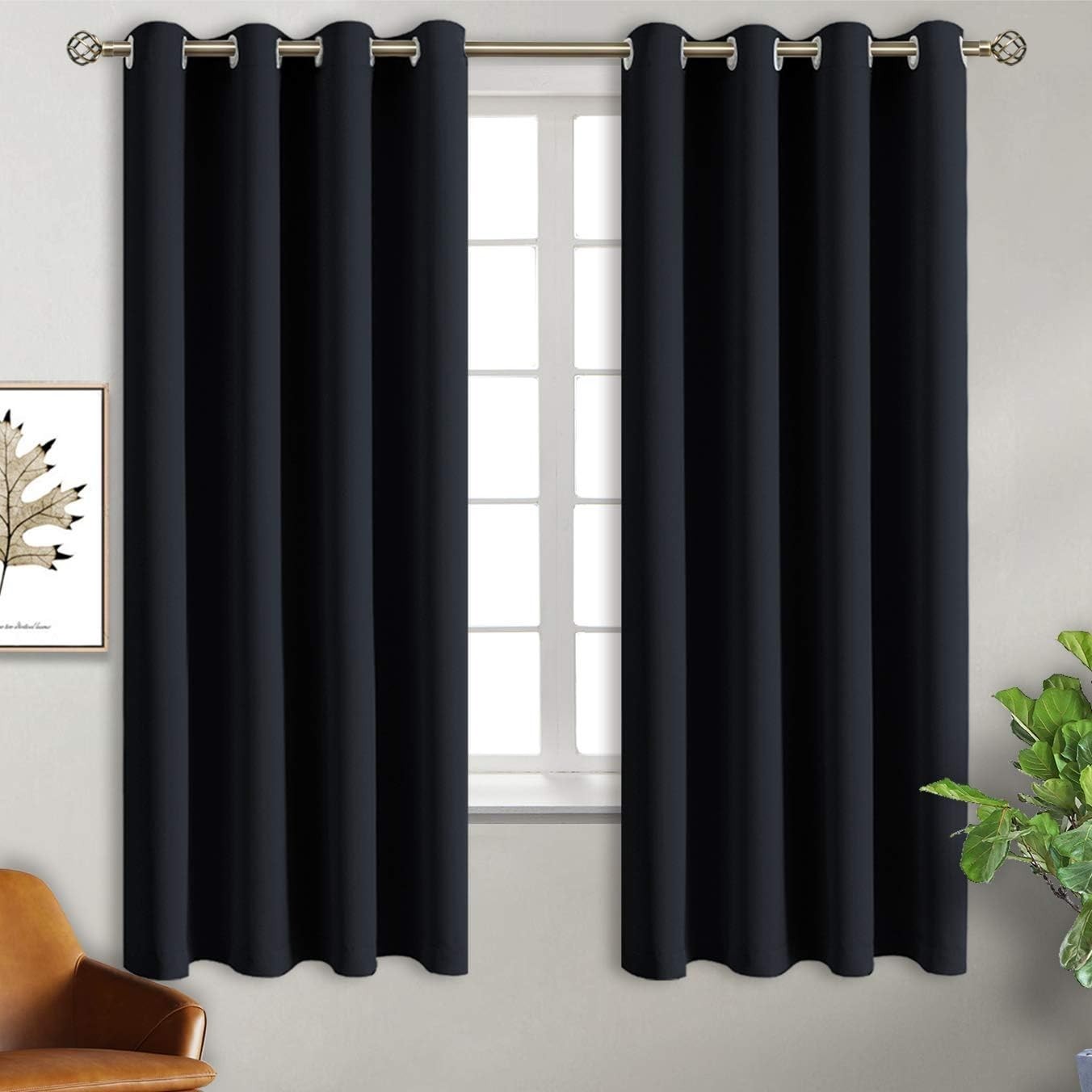 Black Blackout Curtains for Bedroom 63 Inch Length 2 Panels Set, Room Darkeni…
