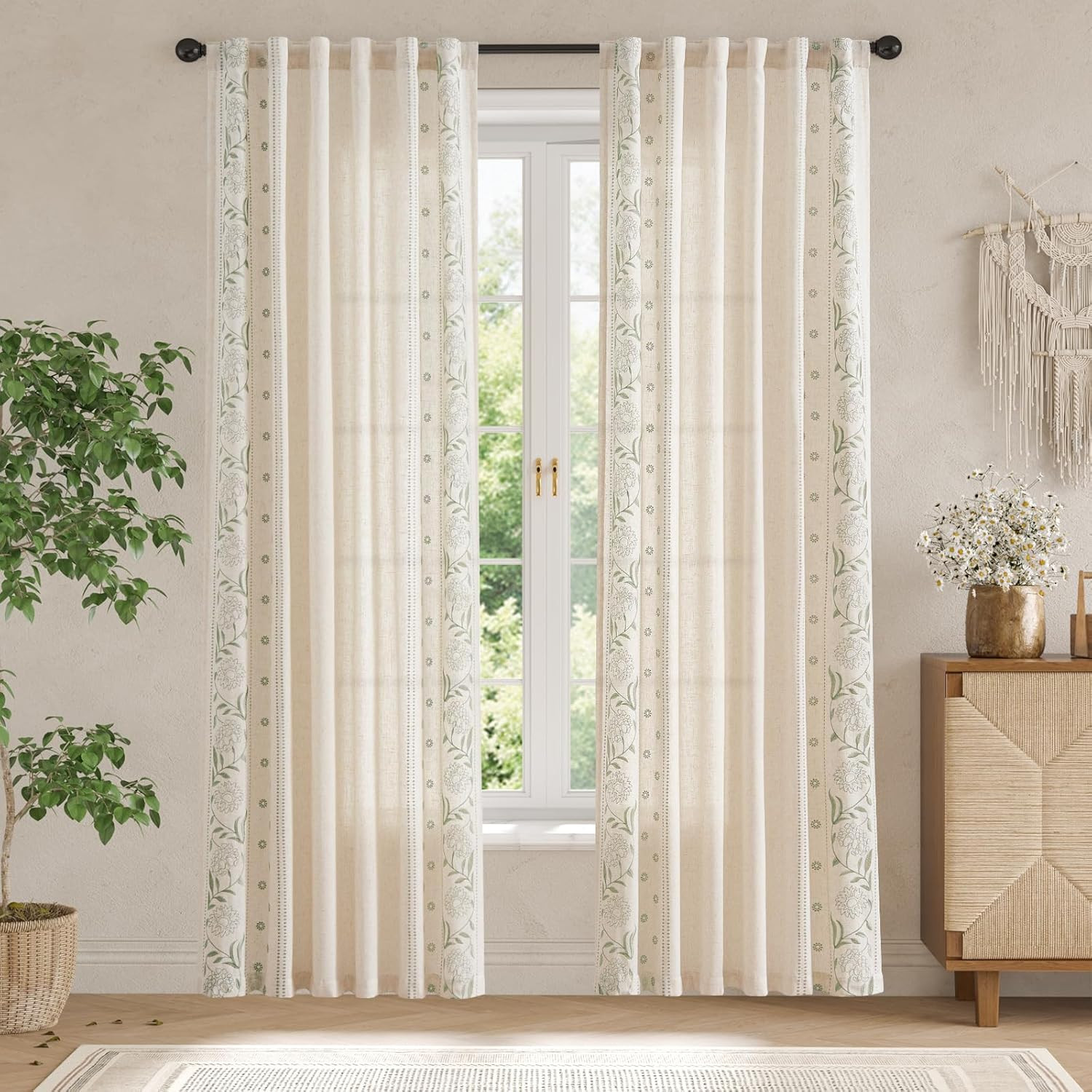 Winslow Linen Floral Curtains 90 Inch Sage Beige 2 Panels Window Drapes