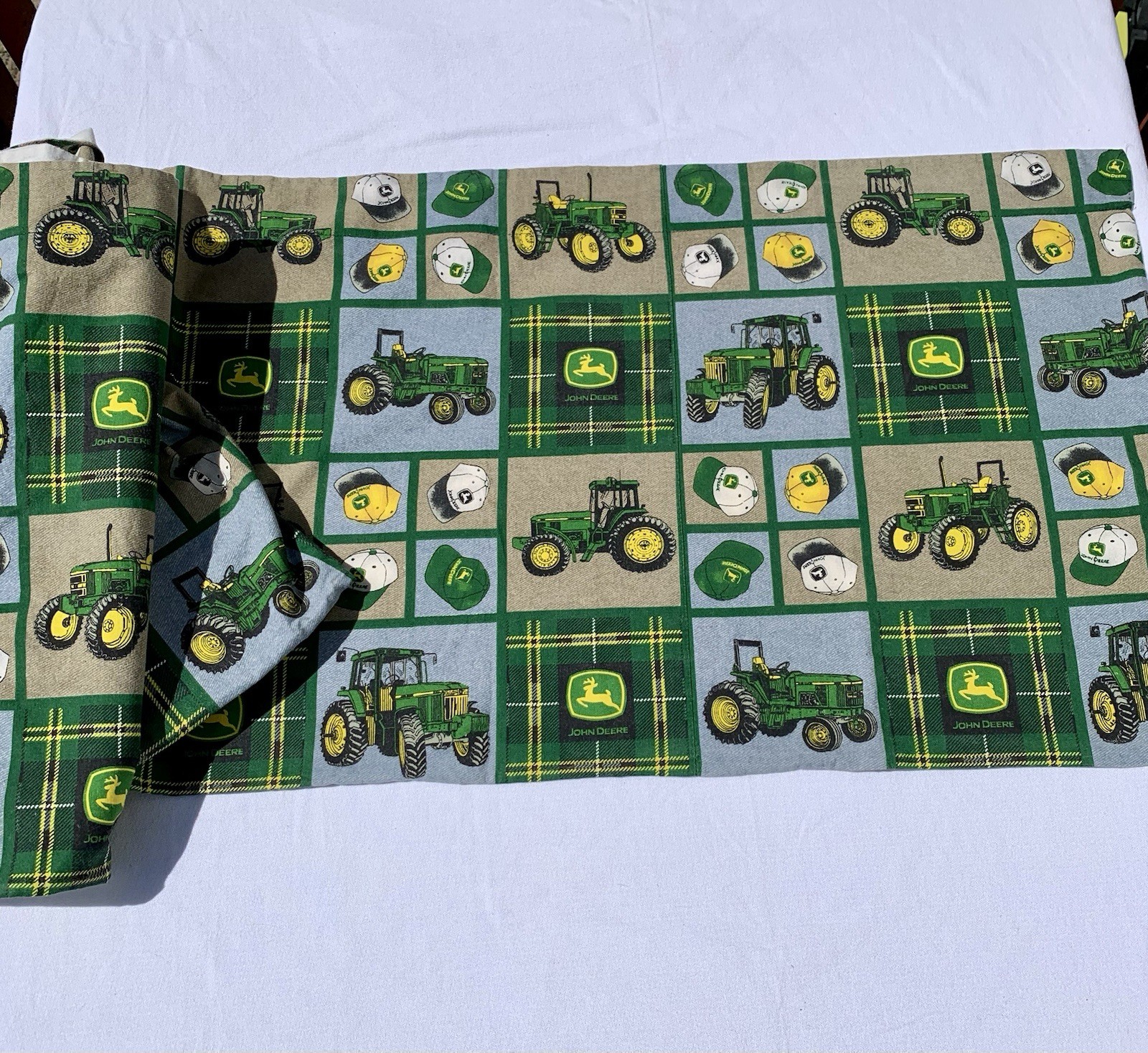 John Deere Tractor & Hat Plaid Curtain Valance Green Yellow Farm Life Theme