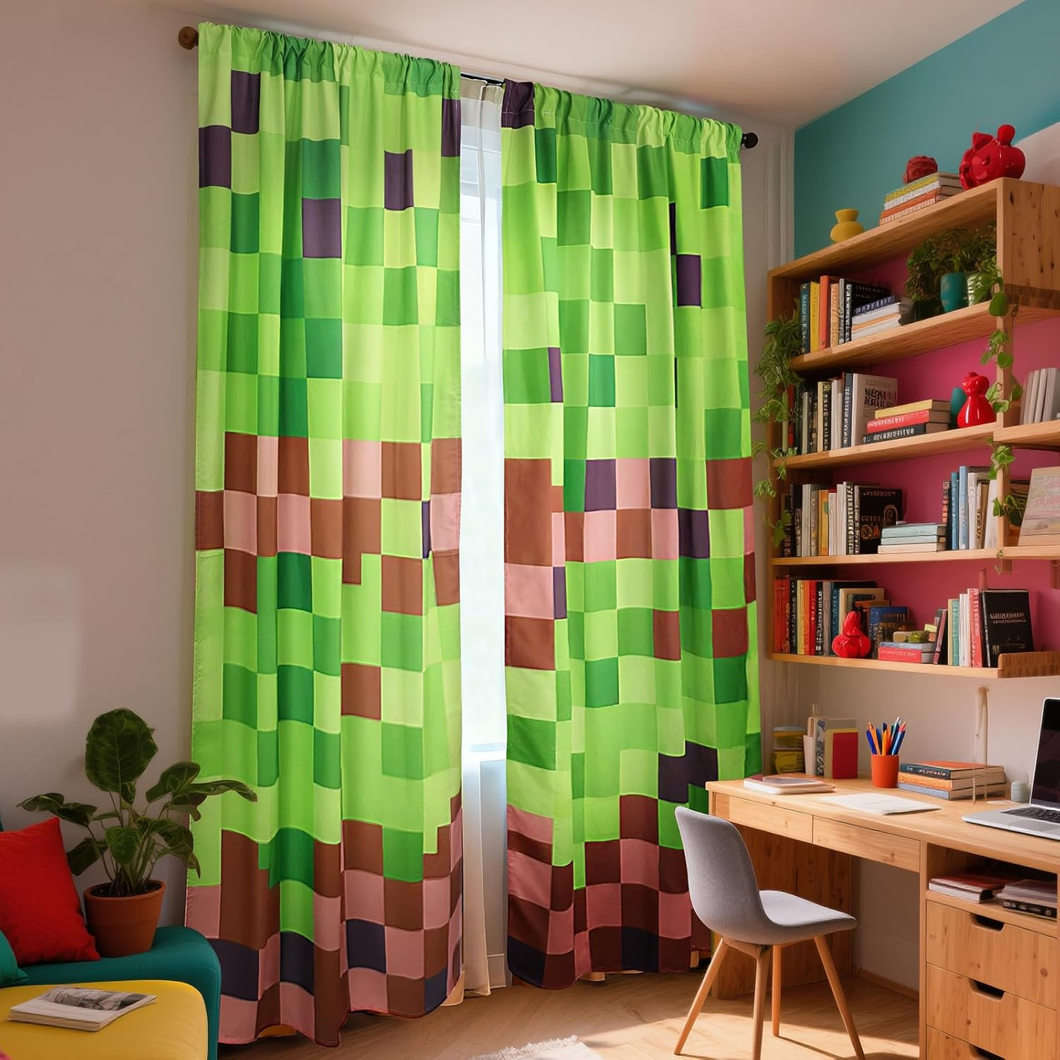 Gingham Window Curtains 84 Inch Length 2 Panels Set, Polyester Window Curtains f