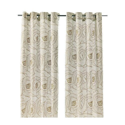 2 Panel IKEA INGERLISE Tan Gold & White Cabbage Rose Curtain Panels 58 x 98