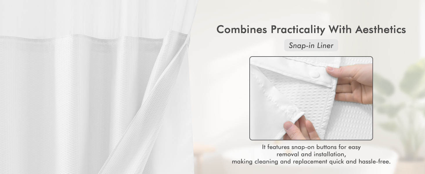 No Hook Shower Curtain with Snap-in Liner Less Time On/Off, Embossed Waffle-Look