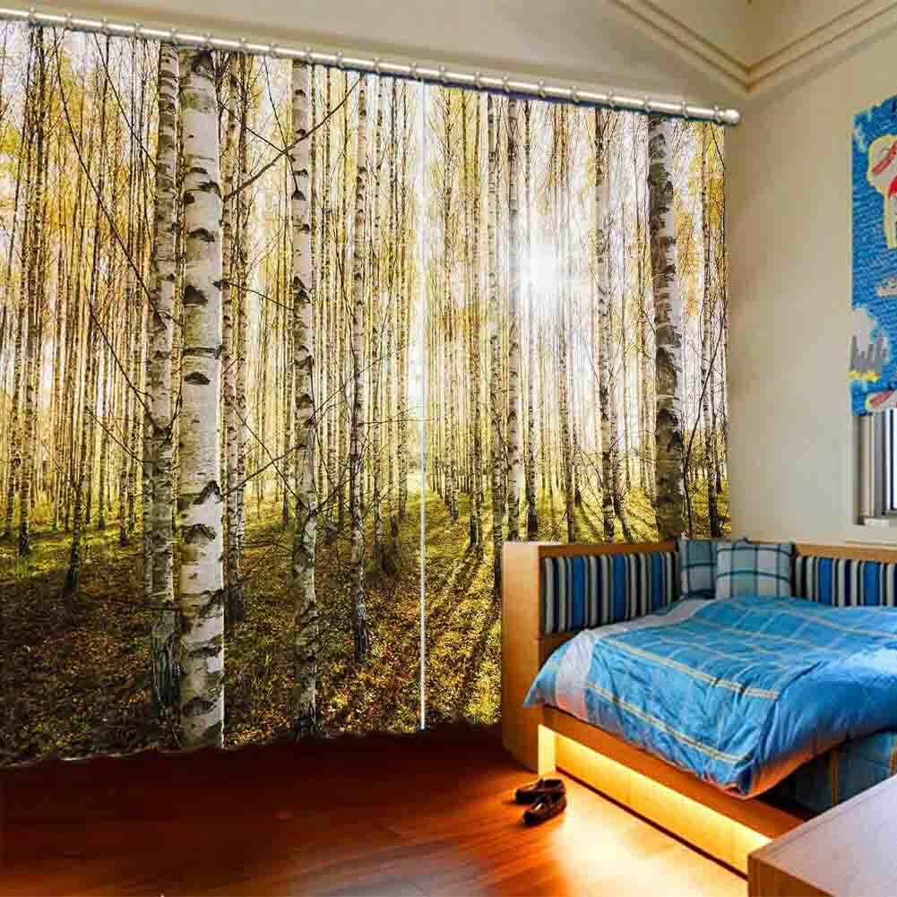 Green Tall Birch Grey 3D Curtain Blockout Photo Printing Curtains Drape Fabric