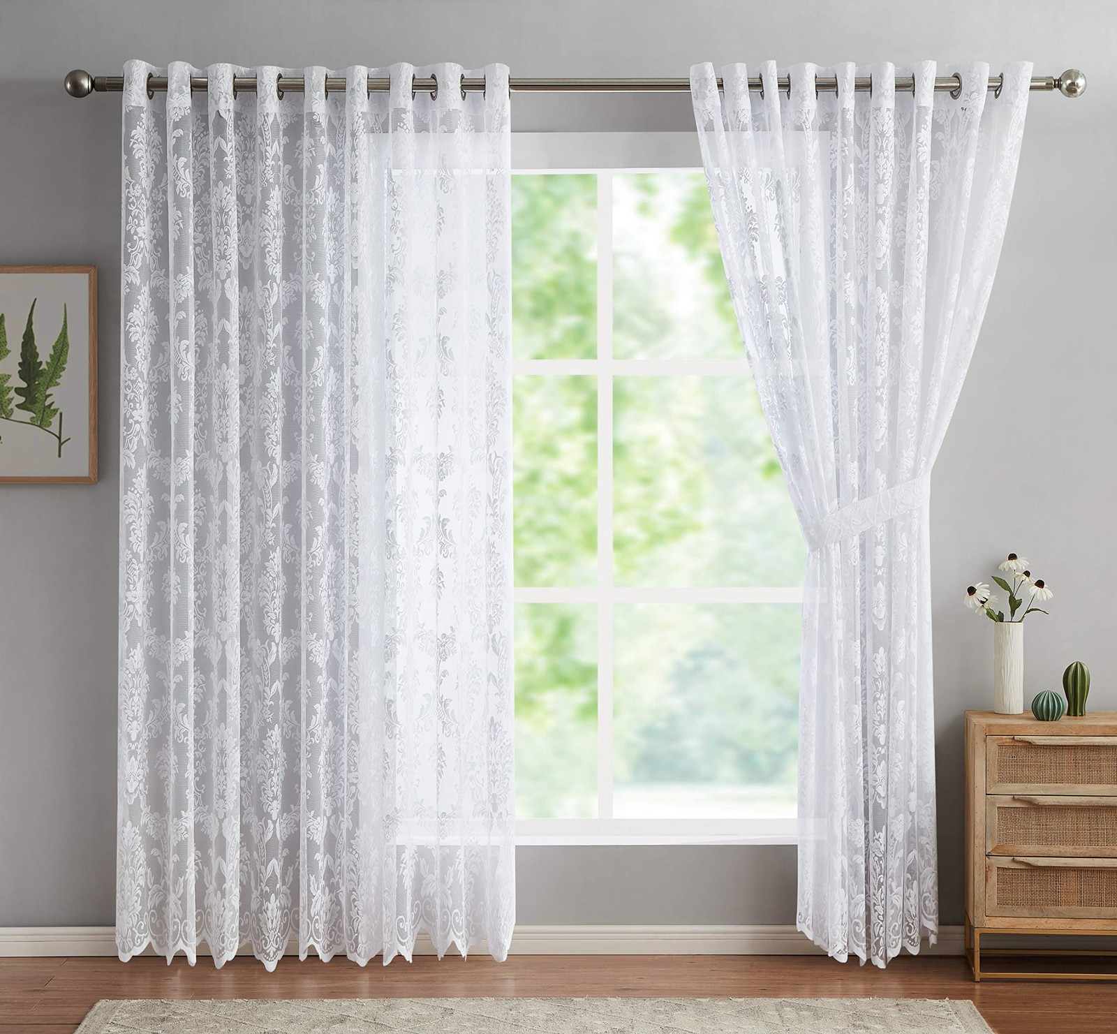 2 Elegant White Knitted Lace Wall-to-Wall Curtains with Scalloped Bottom and …