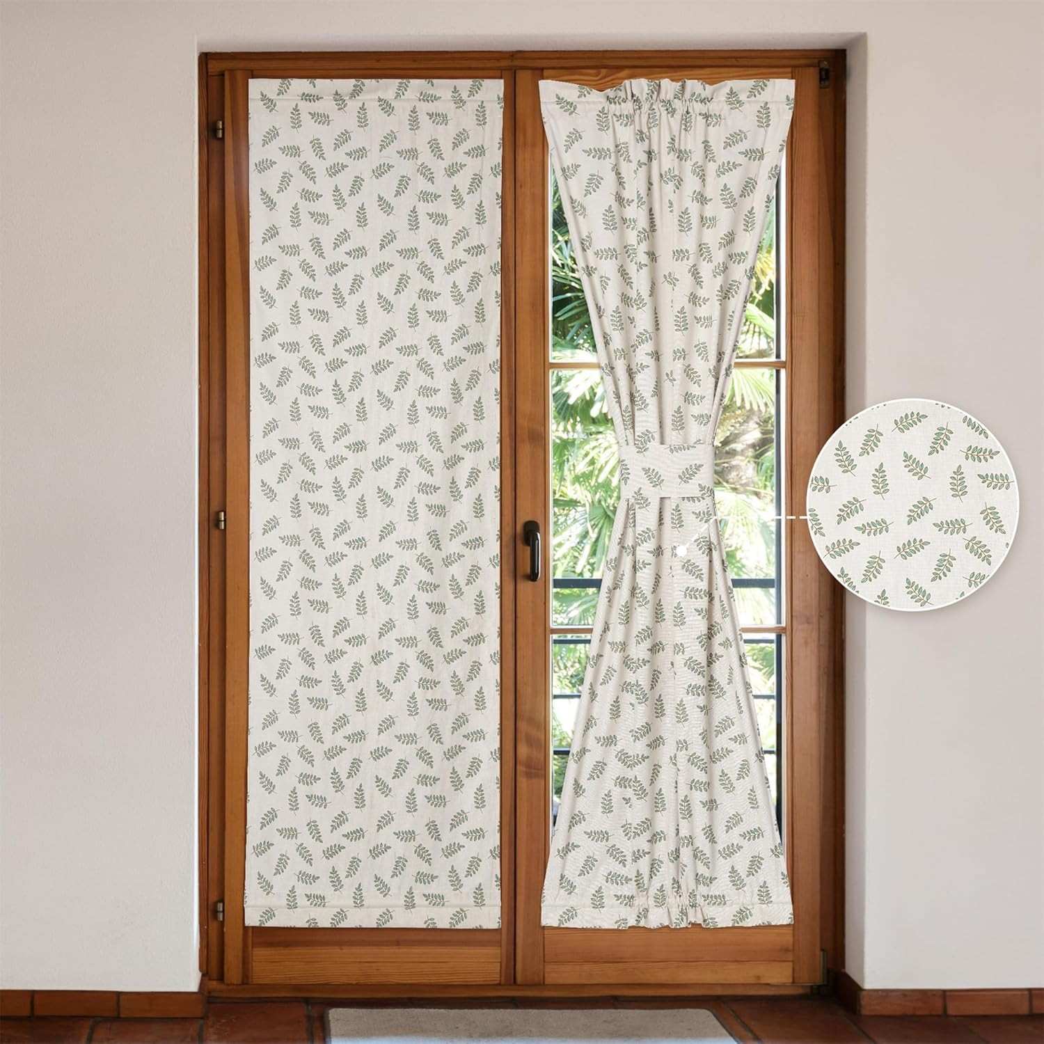 Linen French Door Curtains Set of 2, Elegant Country Style Olive Leaf Front Door