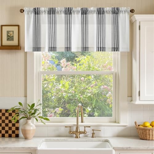 Striped Linen Valance Curtain 50″W x 16″L (Pack of 1) Balanced Stripe | Black
