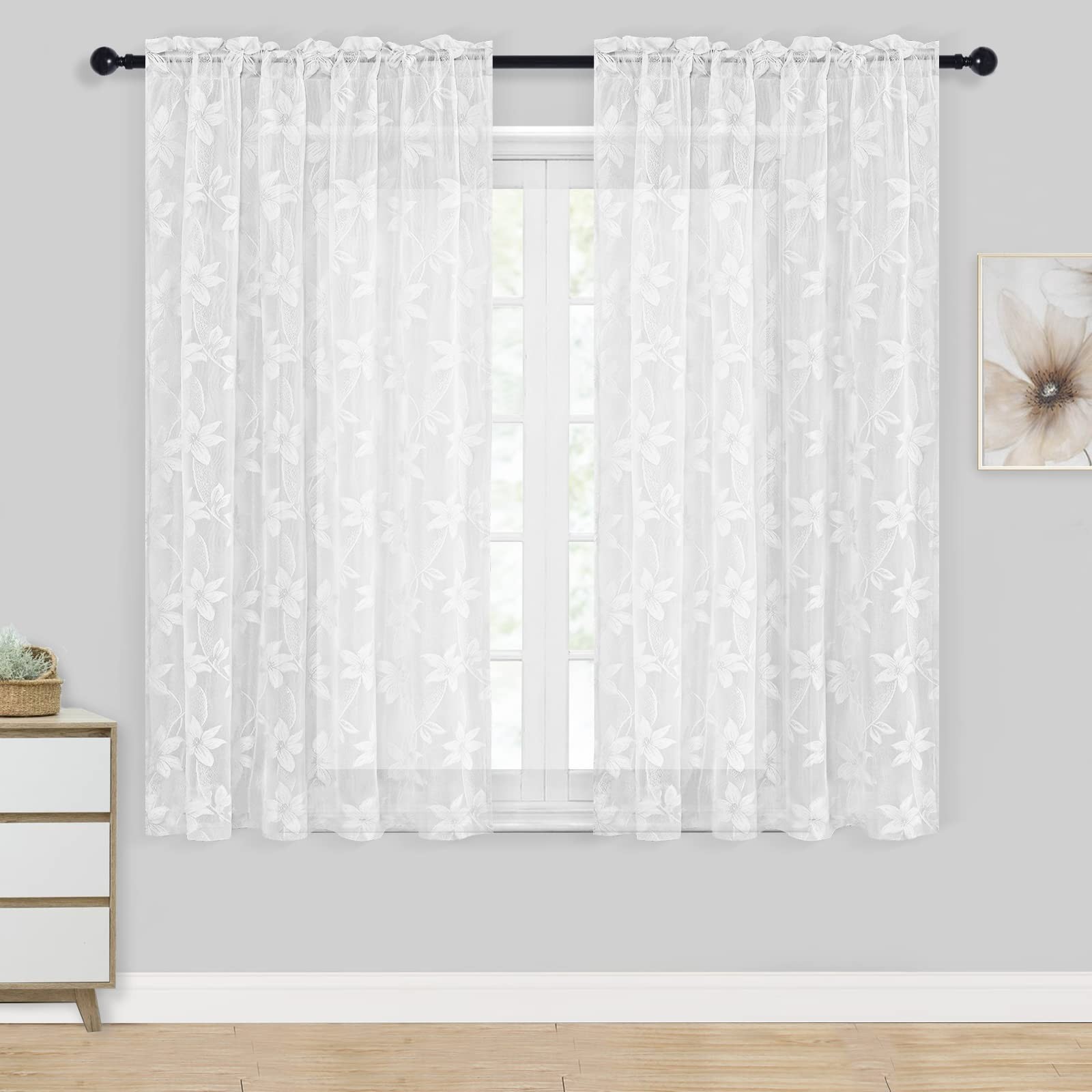 White Floral Lace Sheer Curtains – Rod Pocket Window Voile Sheer Drapes for B…