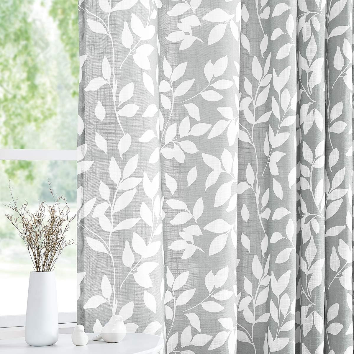 Grey and White Curtains for Bedroom 63″ Length Leaf Print Curtains for Windows S