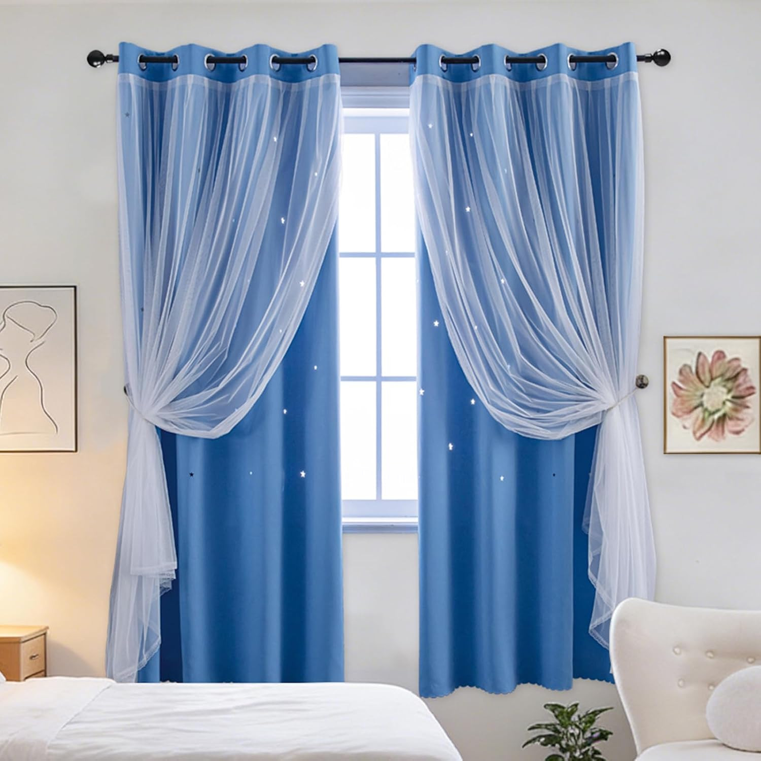Dreamy Star Cutout Blackout Curtains with White Sheer,Double Layer Curtains for