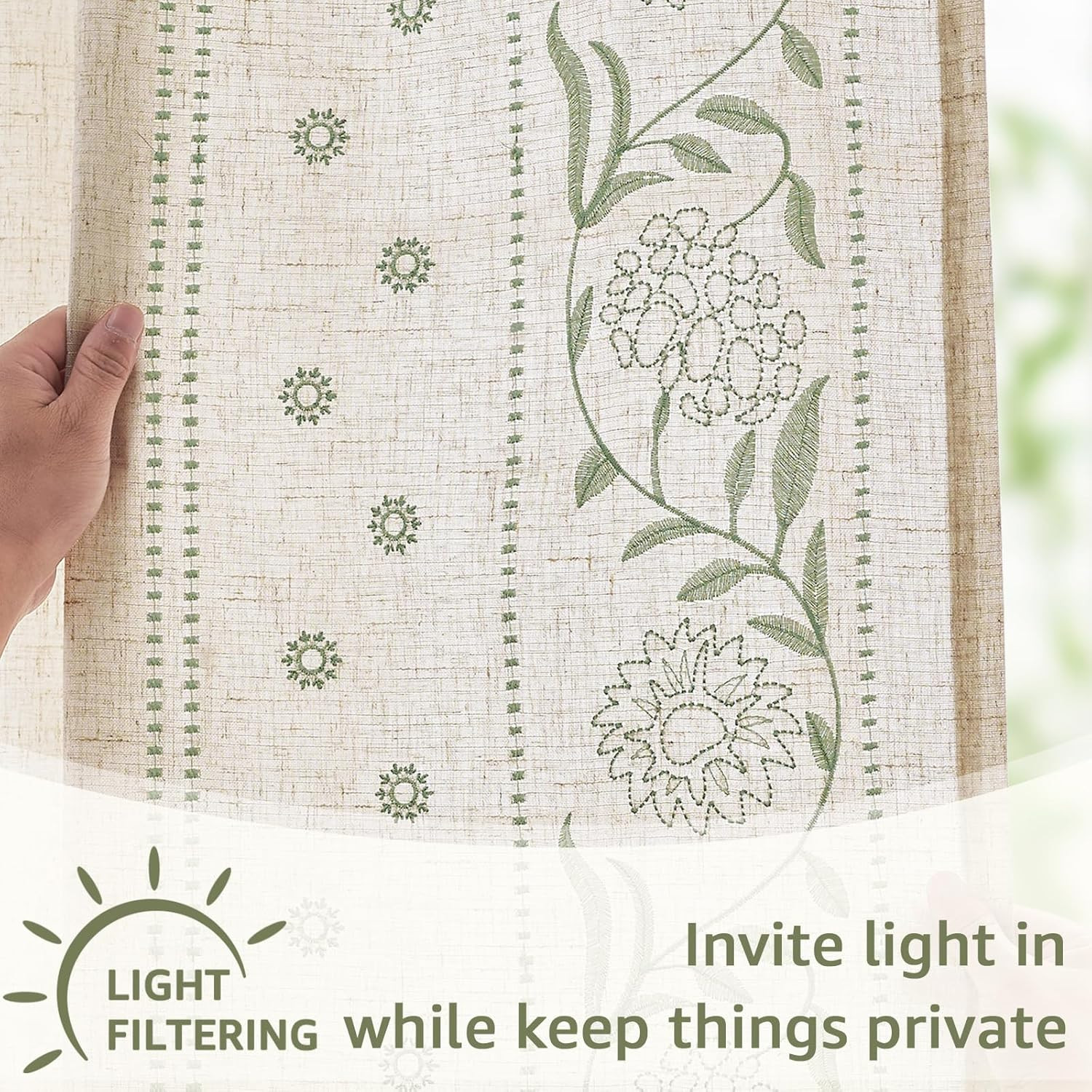 Winslow Linen Floral Curtains 90 Inch Sage Beige 2 Panels Window Drapes