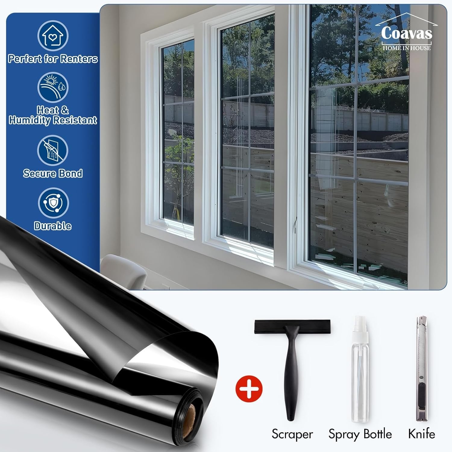 Black Reflective Window Film – 35.4×78.7 Inch, Heat Control & Explosivity Safety