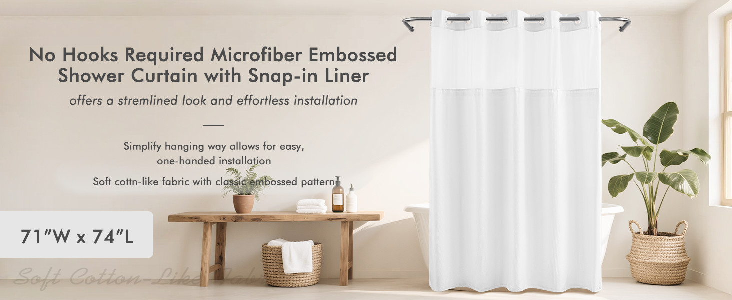 No Hook Shower Curtain with Snap-in Liner Less Time On/Off, Embossed Waffle-Look