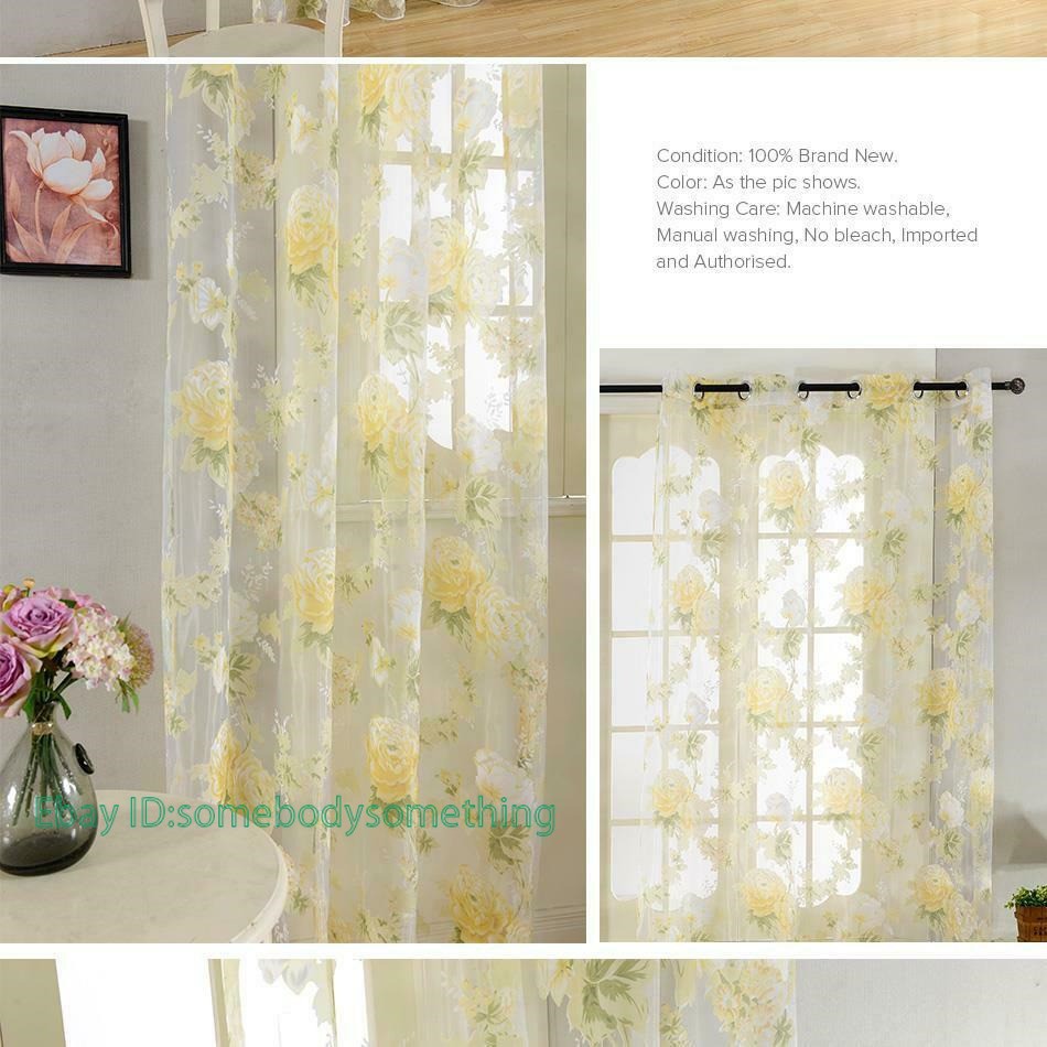 Yellow Floral Rose Tulle Curtains for Window Yarn Bedroom Door Curtain Drapes