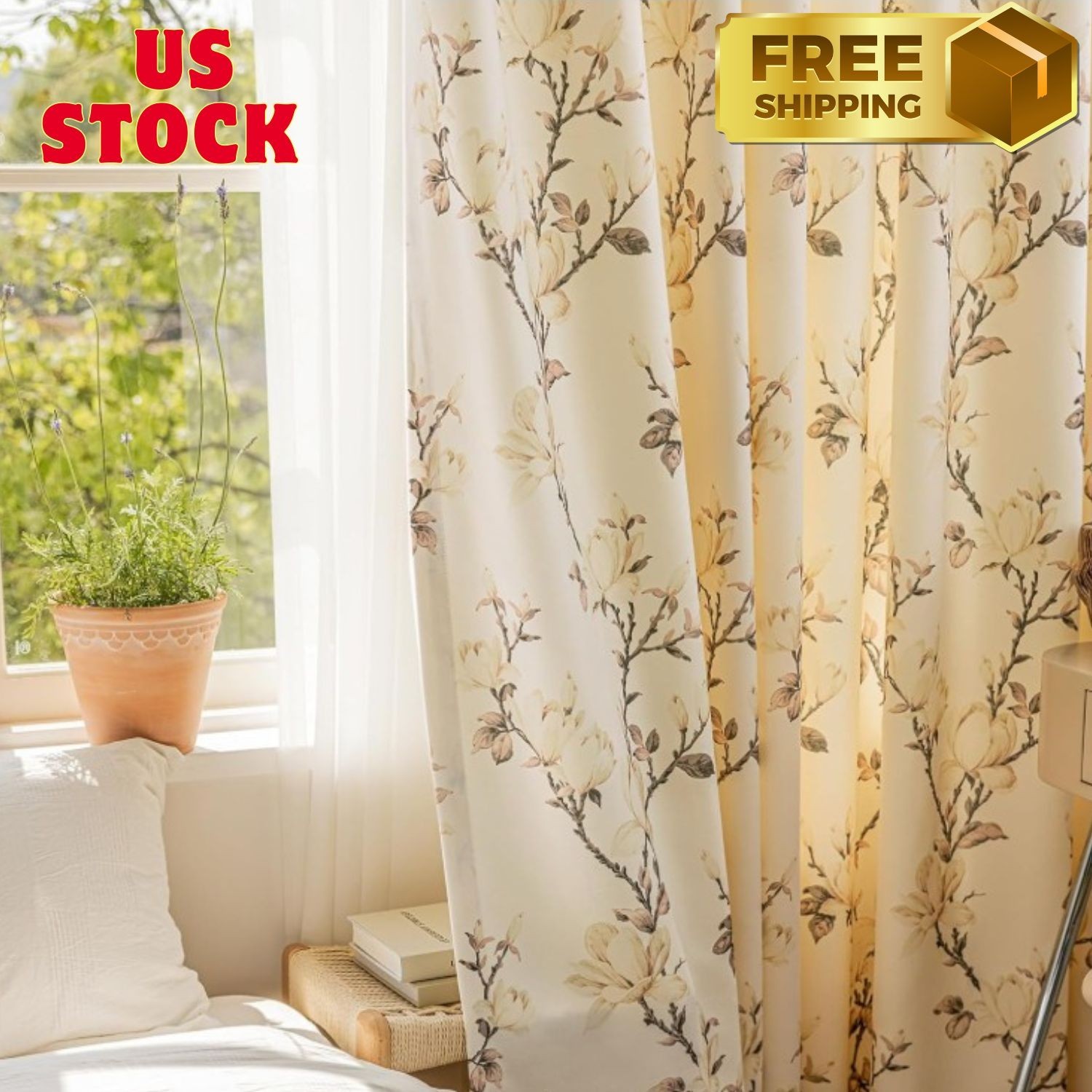 Yellow Floral Chenille Curtains for Living Room 84 inches Long Printed Magnolia