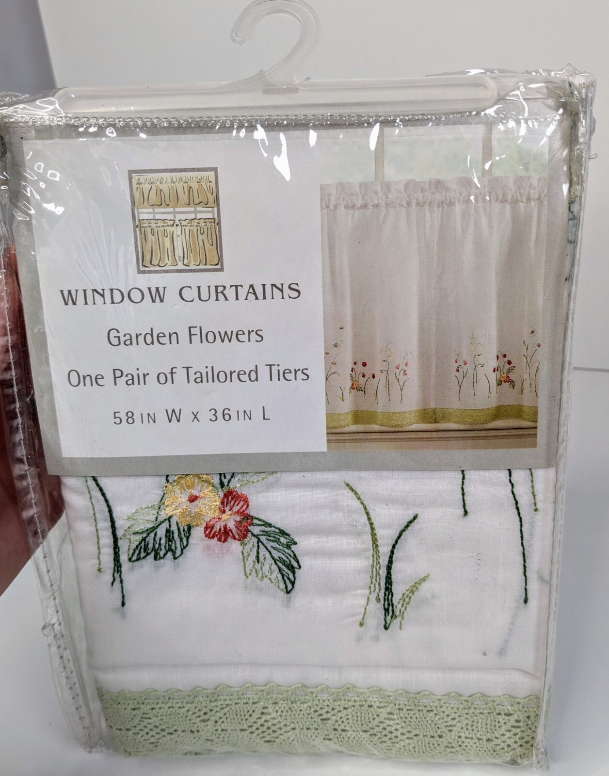 New Vintage Window Curtains Tailored Tiers Garden Flowers 58″W 36″L White Lace