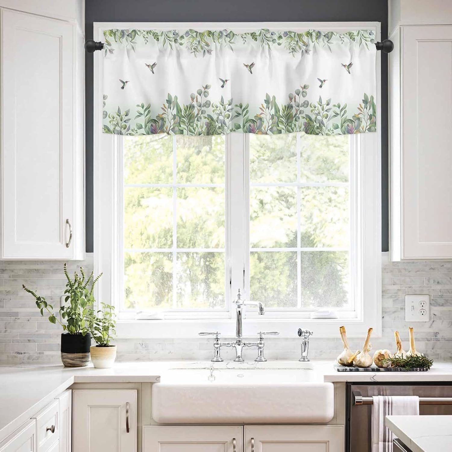 Valances for Windows, Plants Leaves Green Hummingbird Watercolor Style Kitchen W