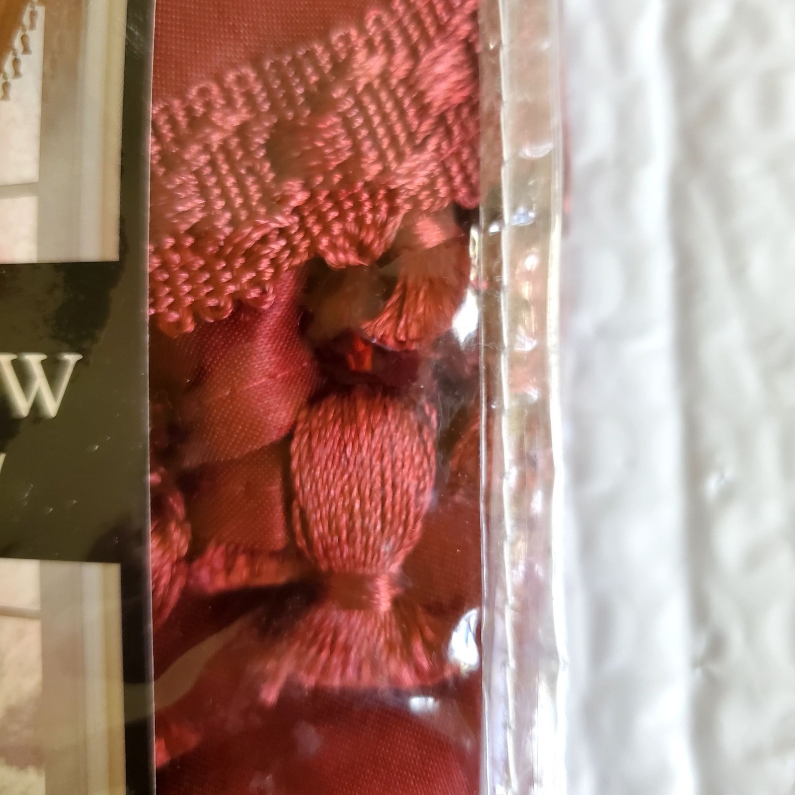 NWT Vtg AnnaBella 36Wx26″ SCARLET Waterfall Valance Beads, Pompom Fringe Sateen
