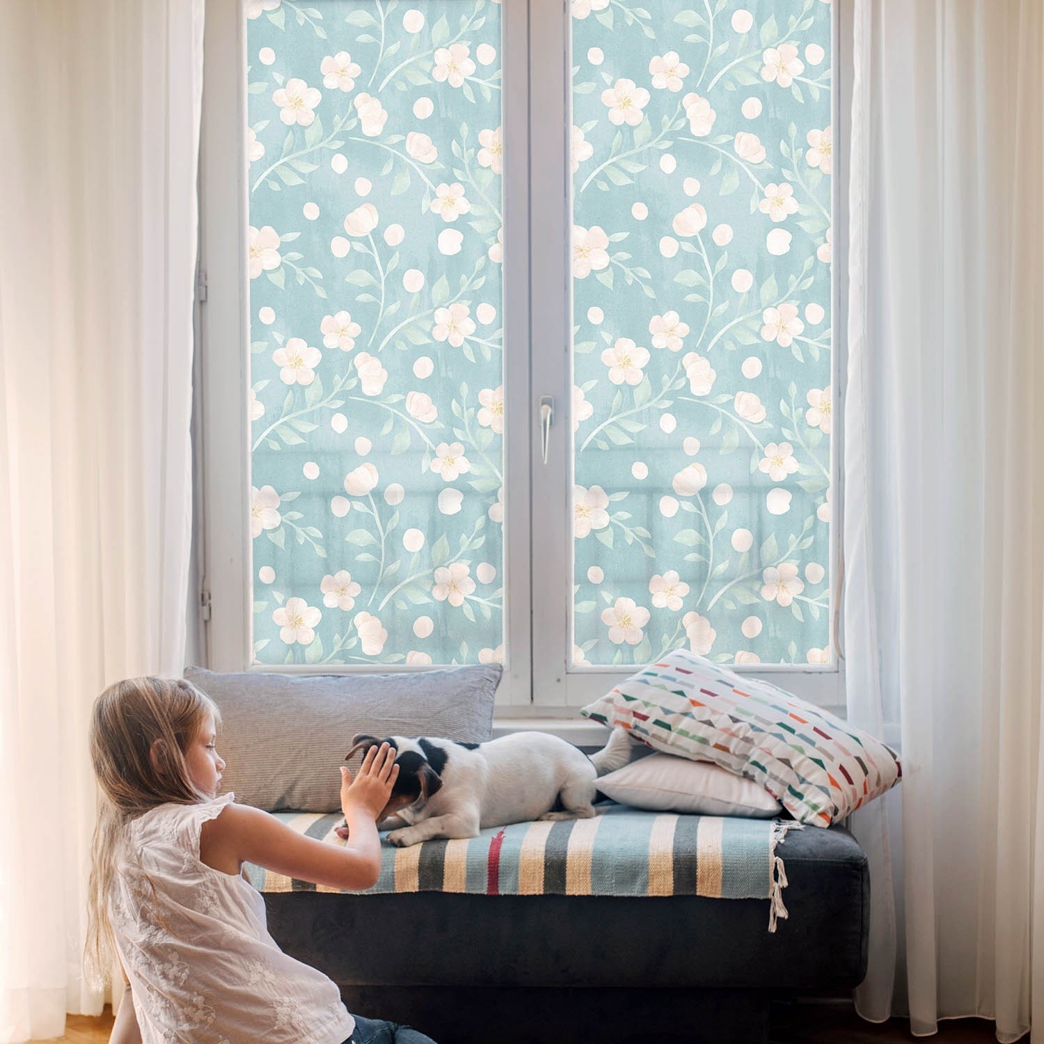 Decorative Frosted Glass Vinyl Kitchen Windows Pastel Flowers Art Blue