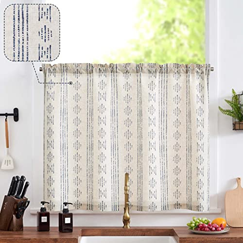 Boho Kitchen Curtain Linen Tier 50″W x 24″L (Pack of 1) Boho Blue on Beige