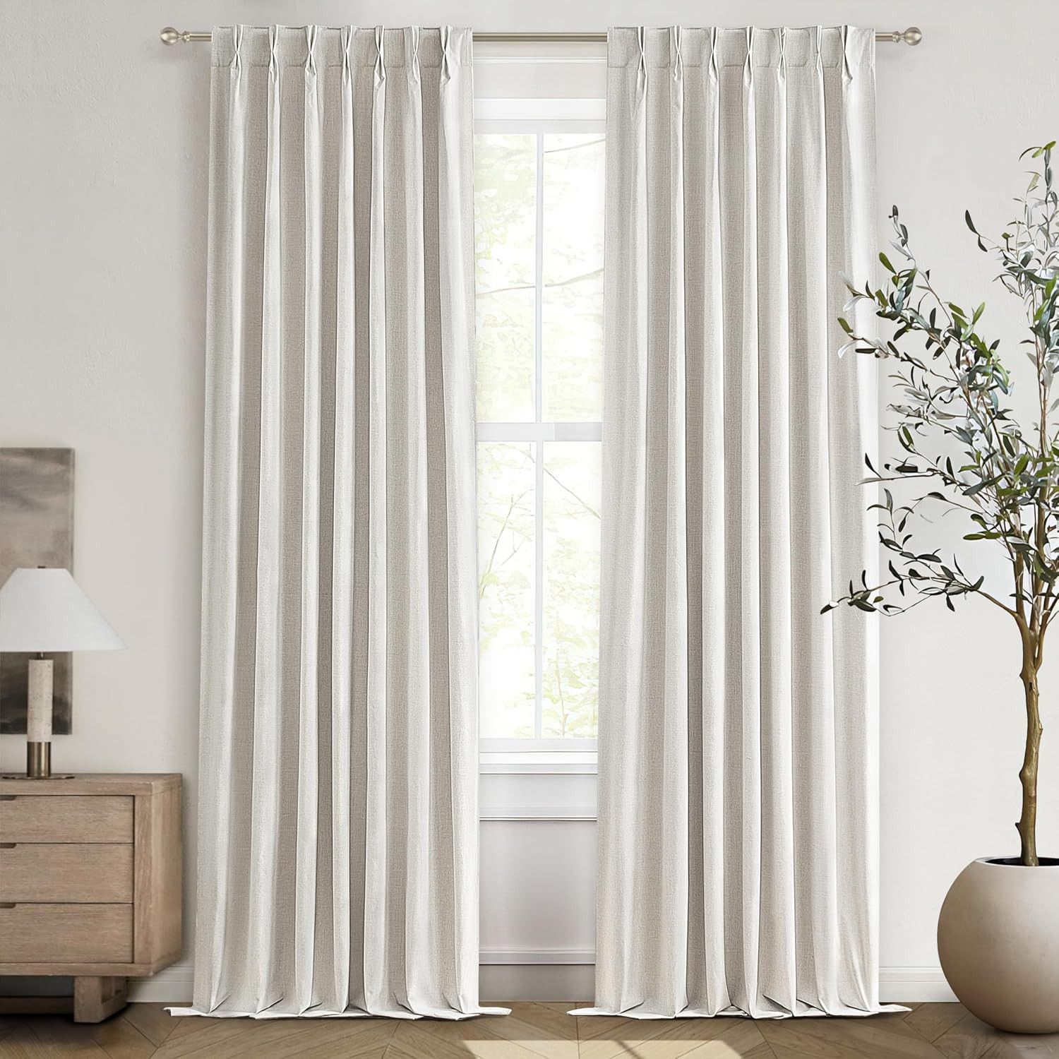 102″ Blackout Curtains, 2 Panels, Pinch Pleated, Beige Ivory, Modern Farmhouse