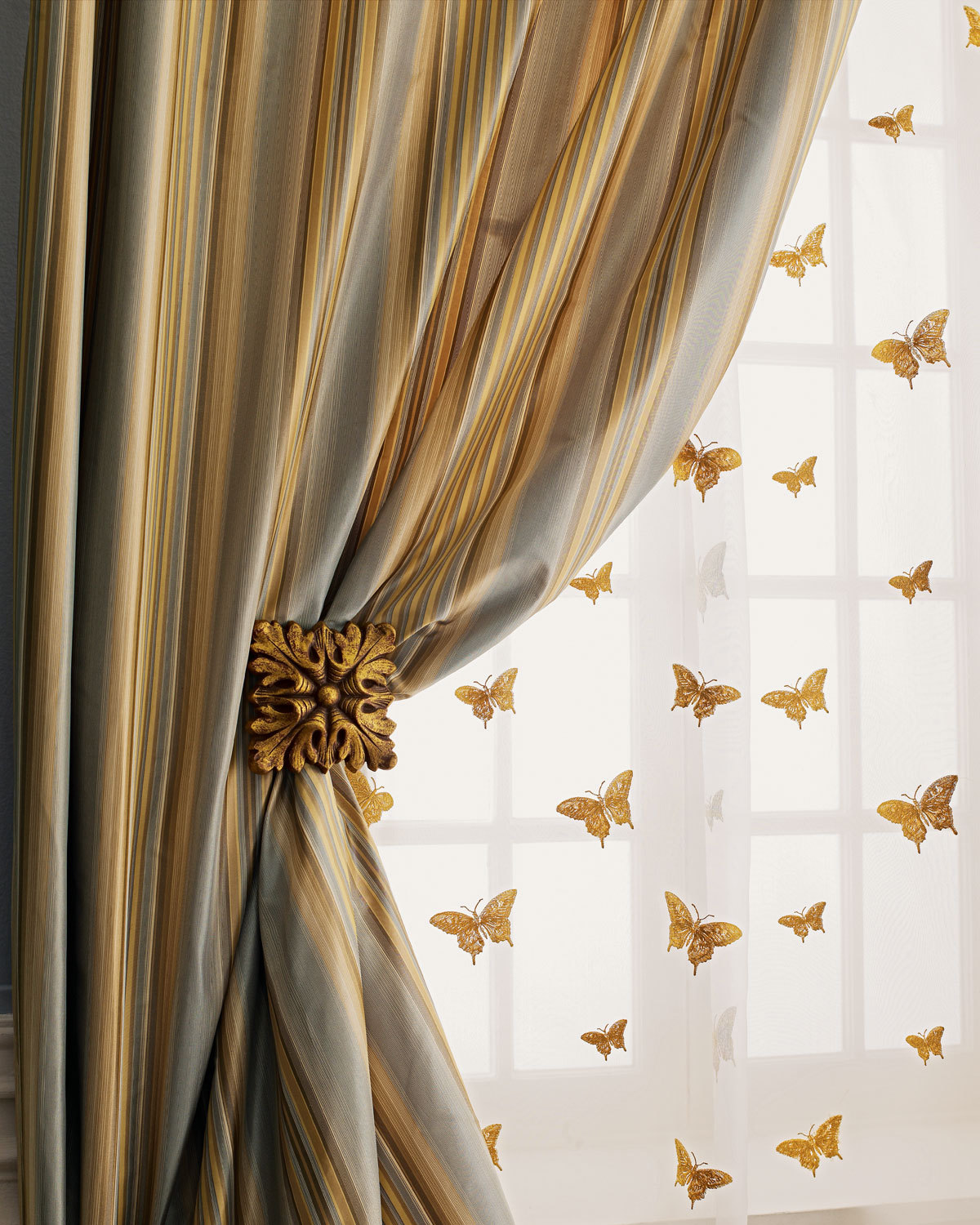 Gold Butterfly on sheer silk organza drape (pair)