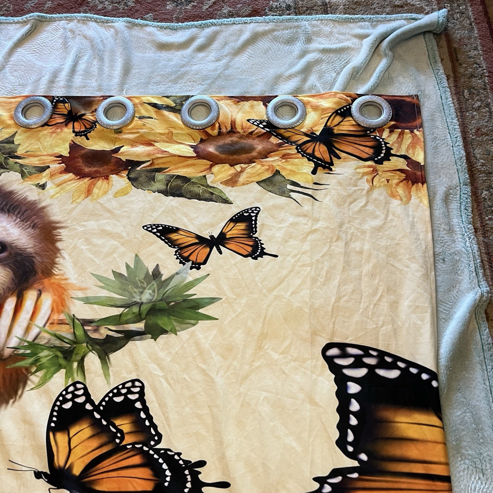 2 Curtain Panels Sloth W/ Butterflies 40 X 47” Monarch Sunflowers Yellow Flowers