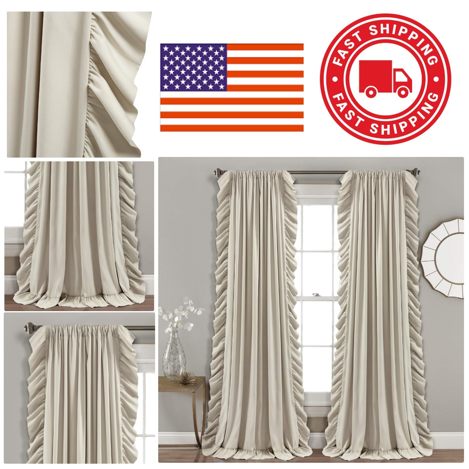 Romantic Ruffle Curtain Panels 54W x 84L Wheat Color Perfect for Dining Room