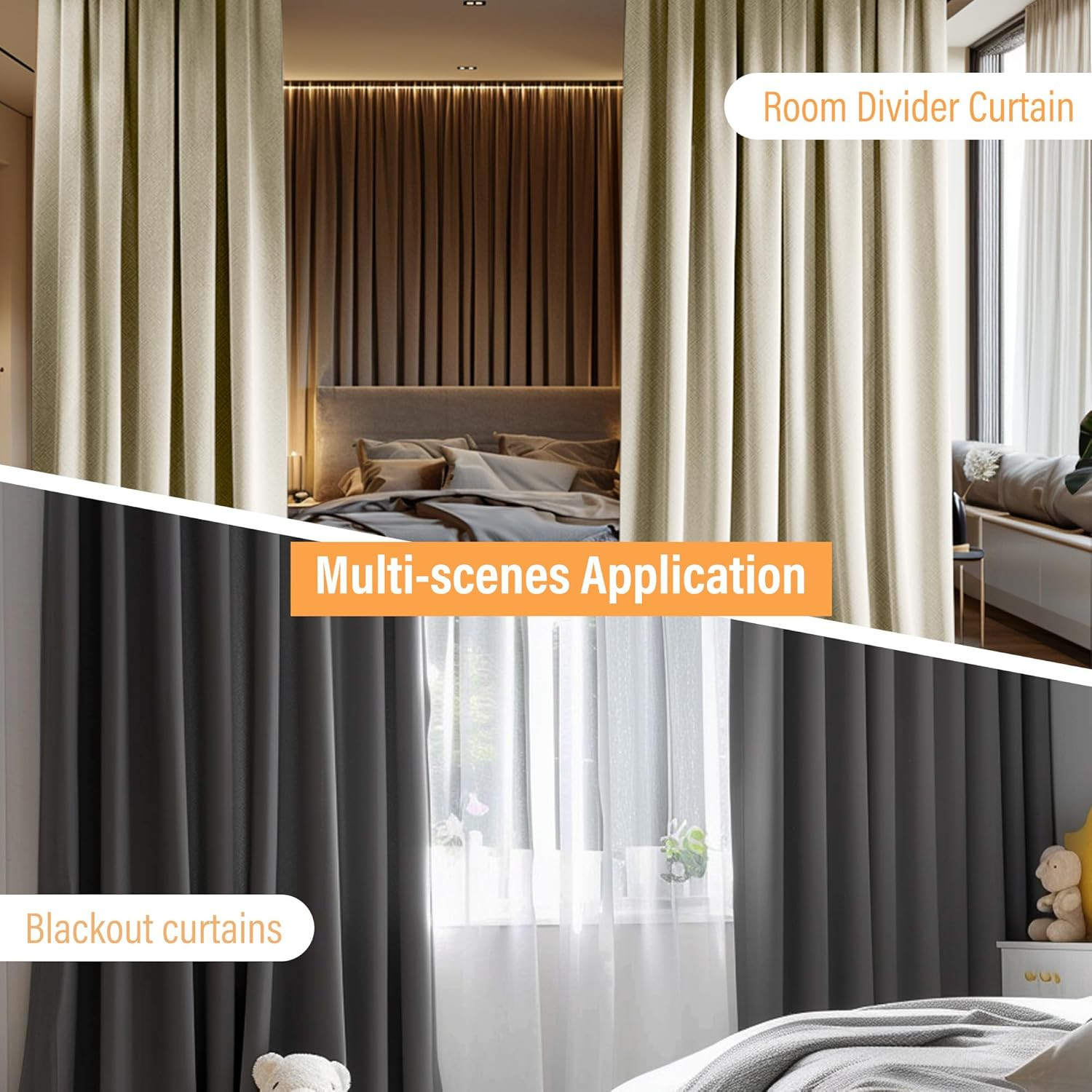MaKefeile Room Divider Curtains with Flexible Ceiling Curtain Tracks Set,100% Bl