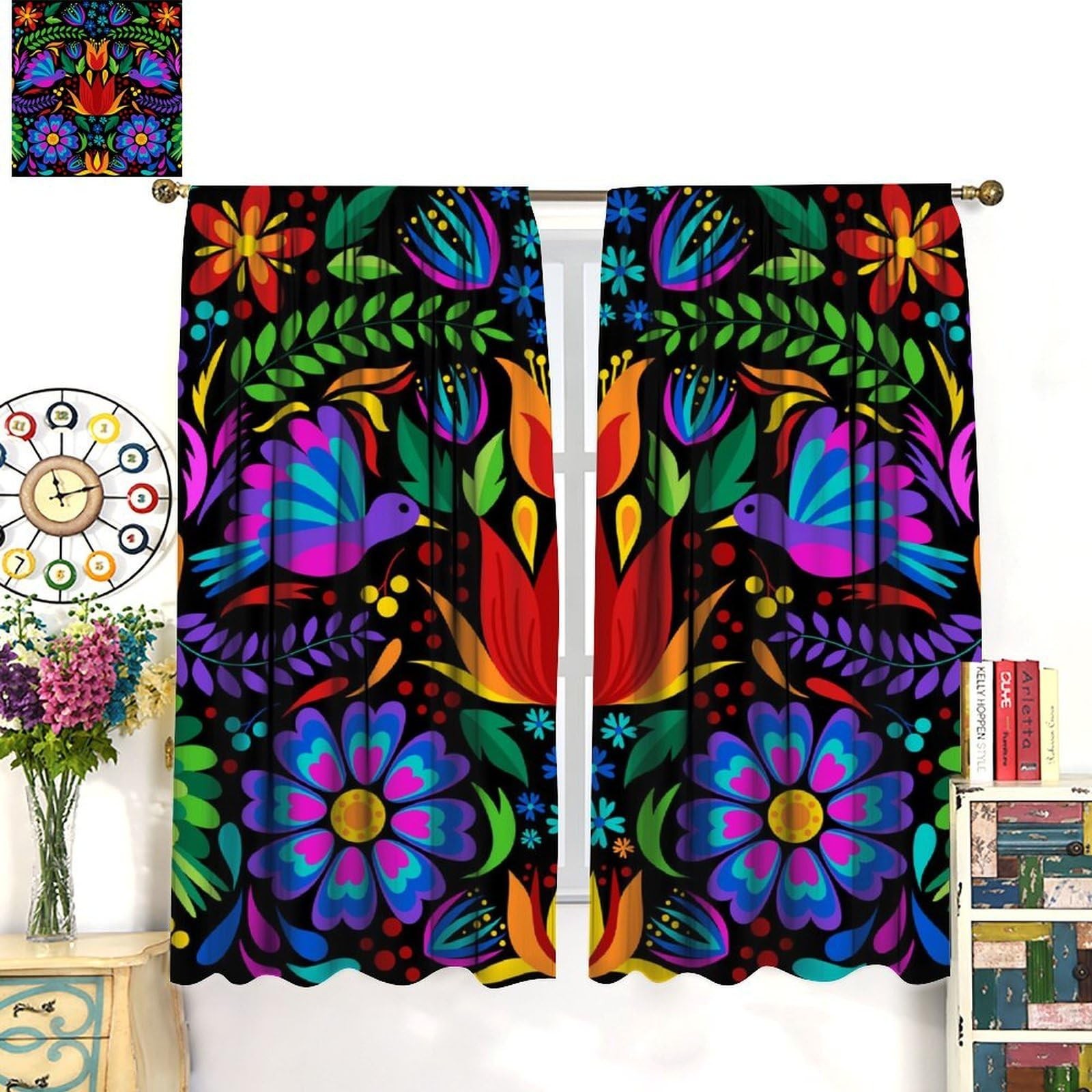 SYZWWSYX Mexican Flower Curtains, Vintage Colorful Mexican Floral Bird Art Pr…