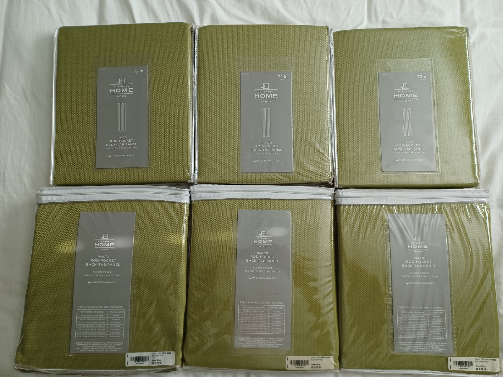 Six New JC Penney-Olive Green 50″x 72″ Rialto Rod Pocket Back-Tab Panel Curtain.