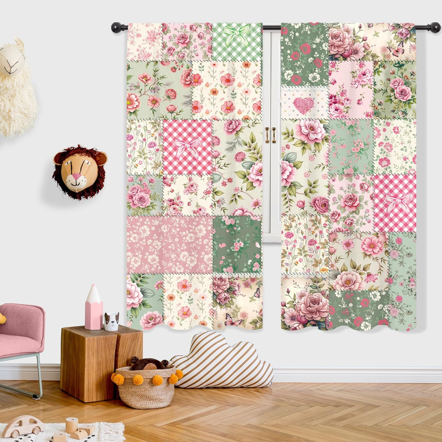 Boho Pink Green Floral Curtains Retro Shabby Patchwork Vintage Flowers Plants Bo